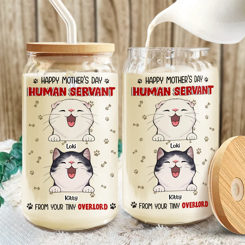 Happy Mother's Day Human Servant Funny Personalized Glass Can With Lid Gift For Cat Lovers CH07 895446 - Image 5