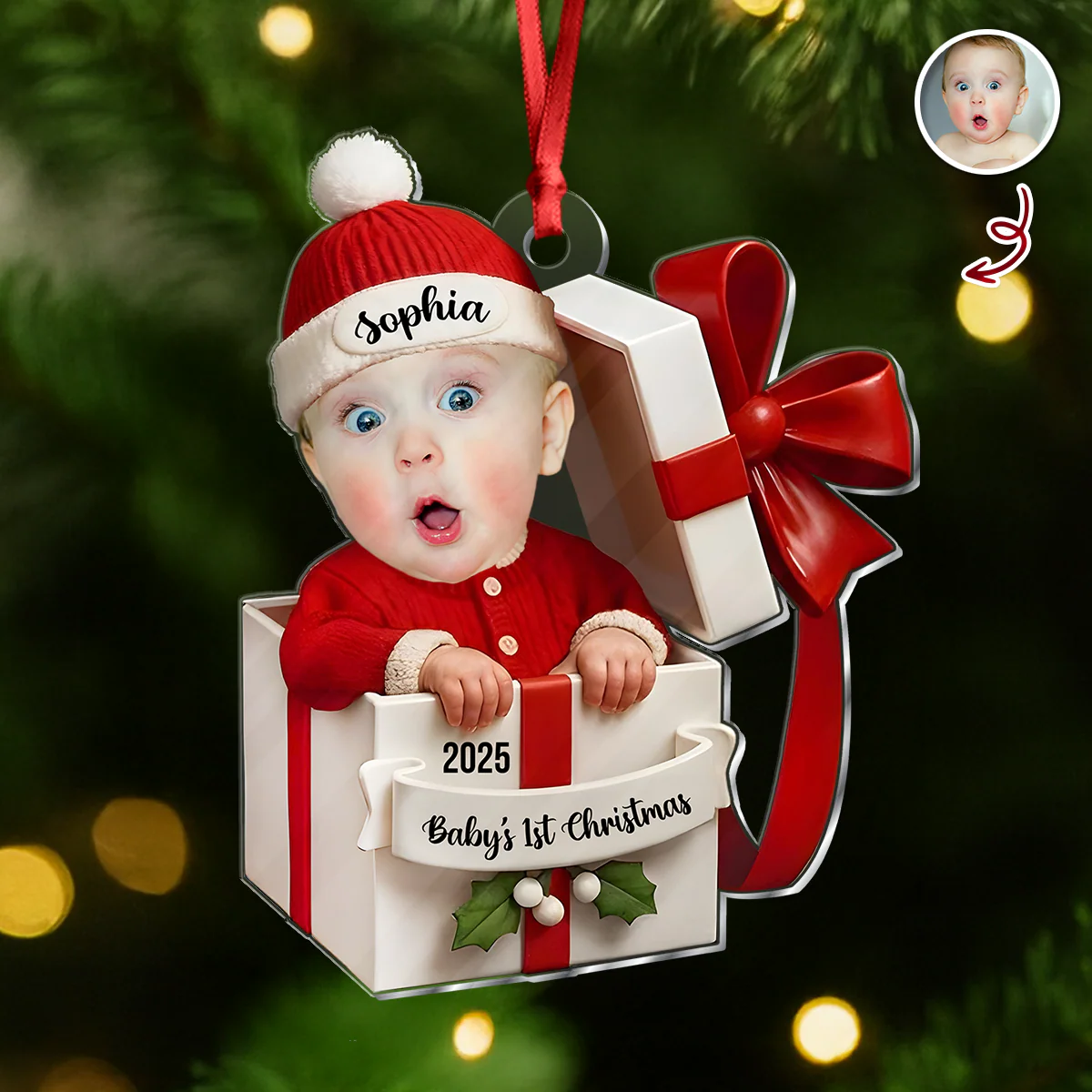 Personalized Baby in Gift Box Christmas 2D Flat Acrylic Ornament, Custom Baby Photo Ornament, Baby’s First Christmas Gift CH07 895338 - Image 2