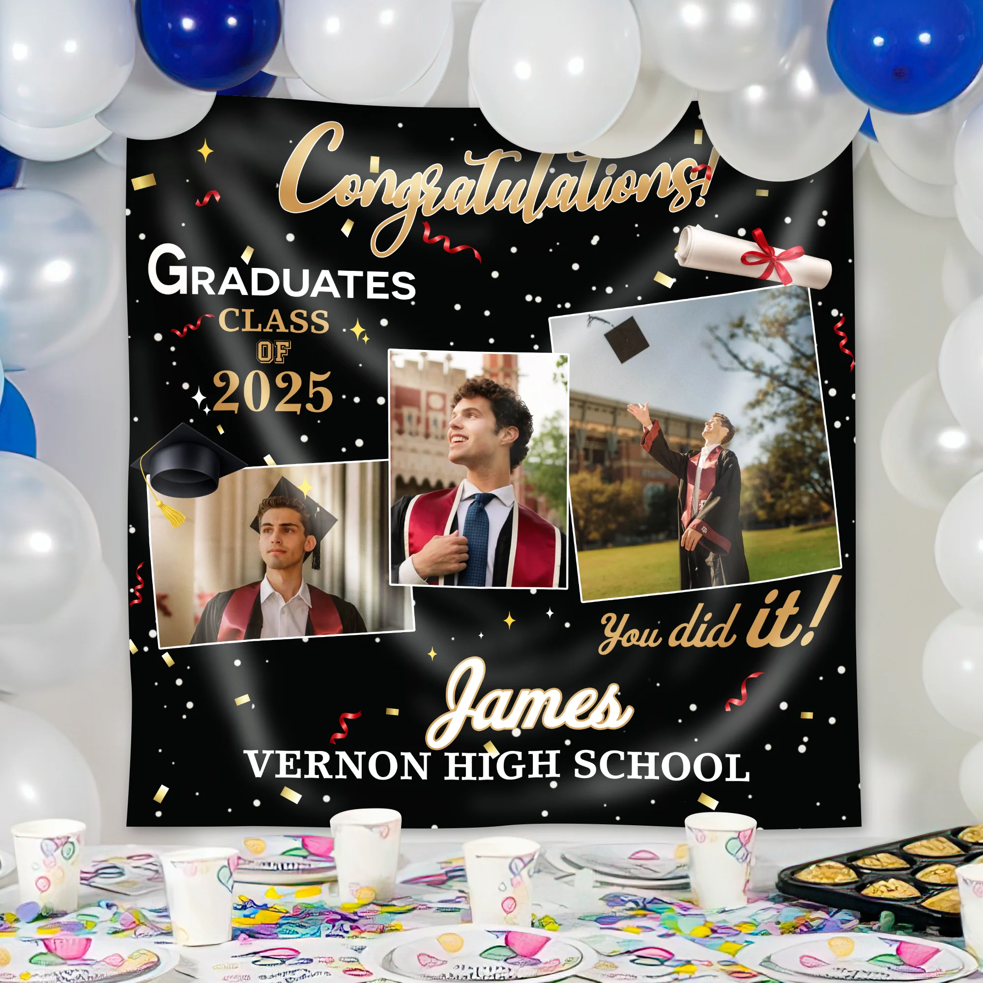 Personalized Congratulations Graduation Backdrop with Photo Class of 2026 Party Decor CH07 910192 - Image 3