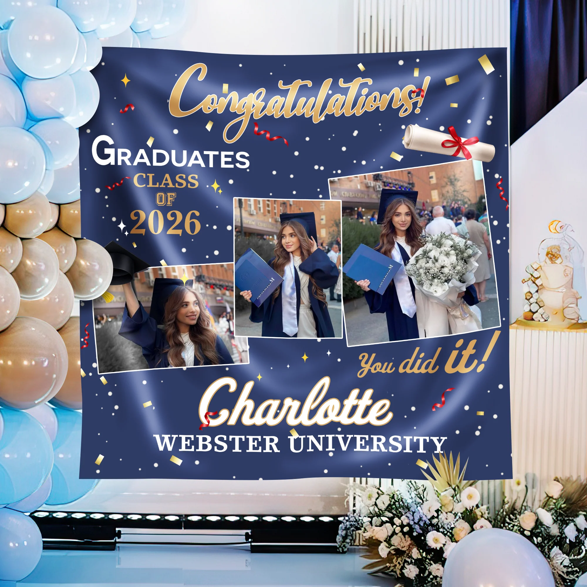 Personalized Congratulations Graduation Backdrop with Photo Class of 2026 Party Decor CH07 910192 - Image 4
