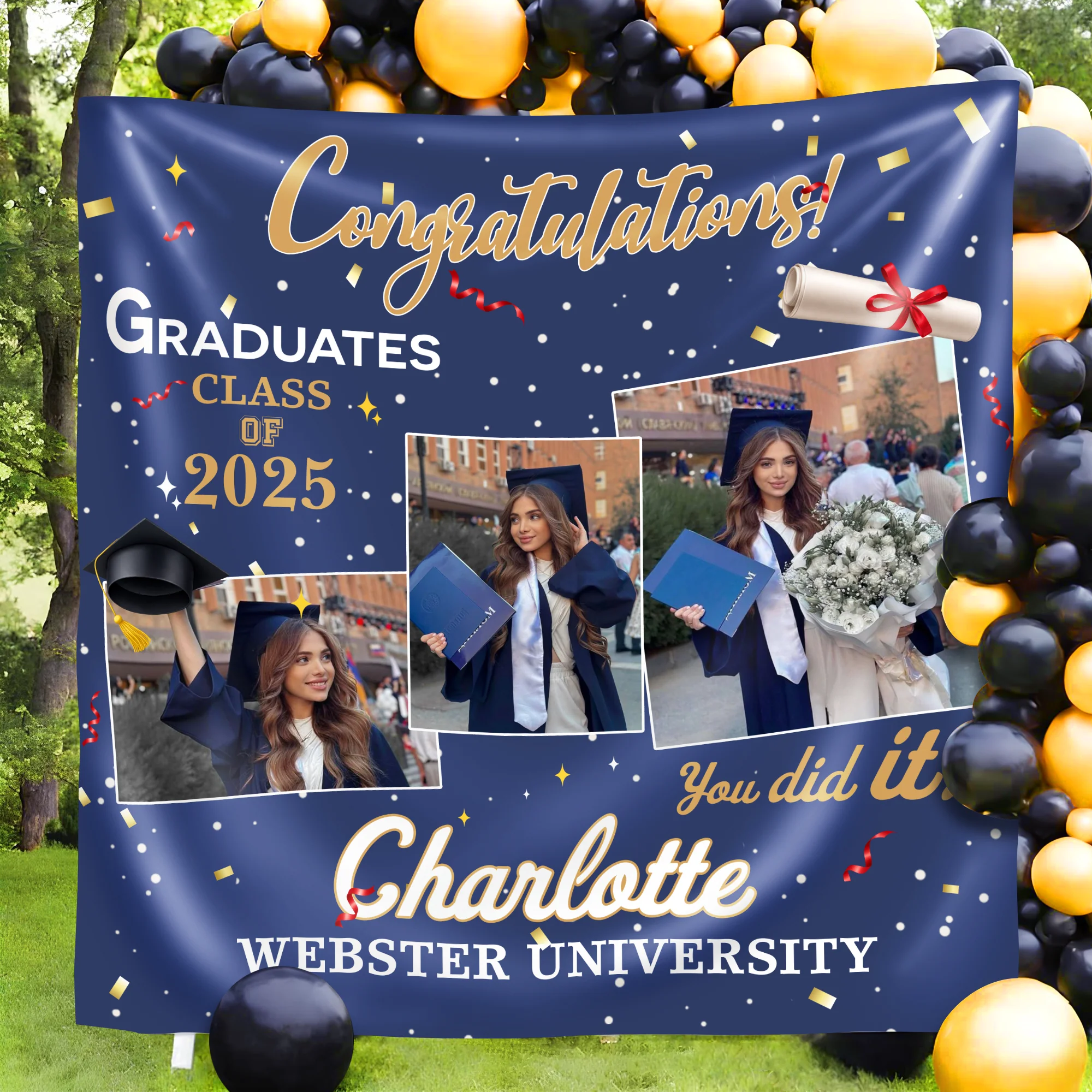 Personalized Congratulations Graduation Backdrop with Photo Class of 2026 Party Decor CH07 910192 - Image 9