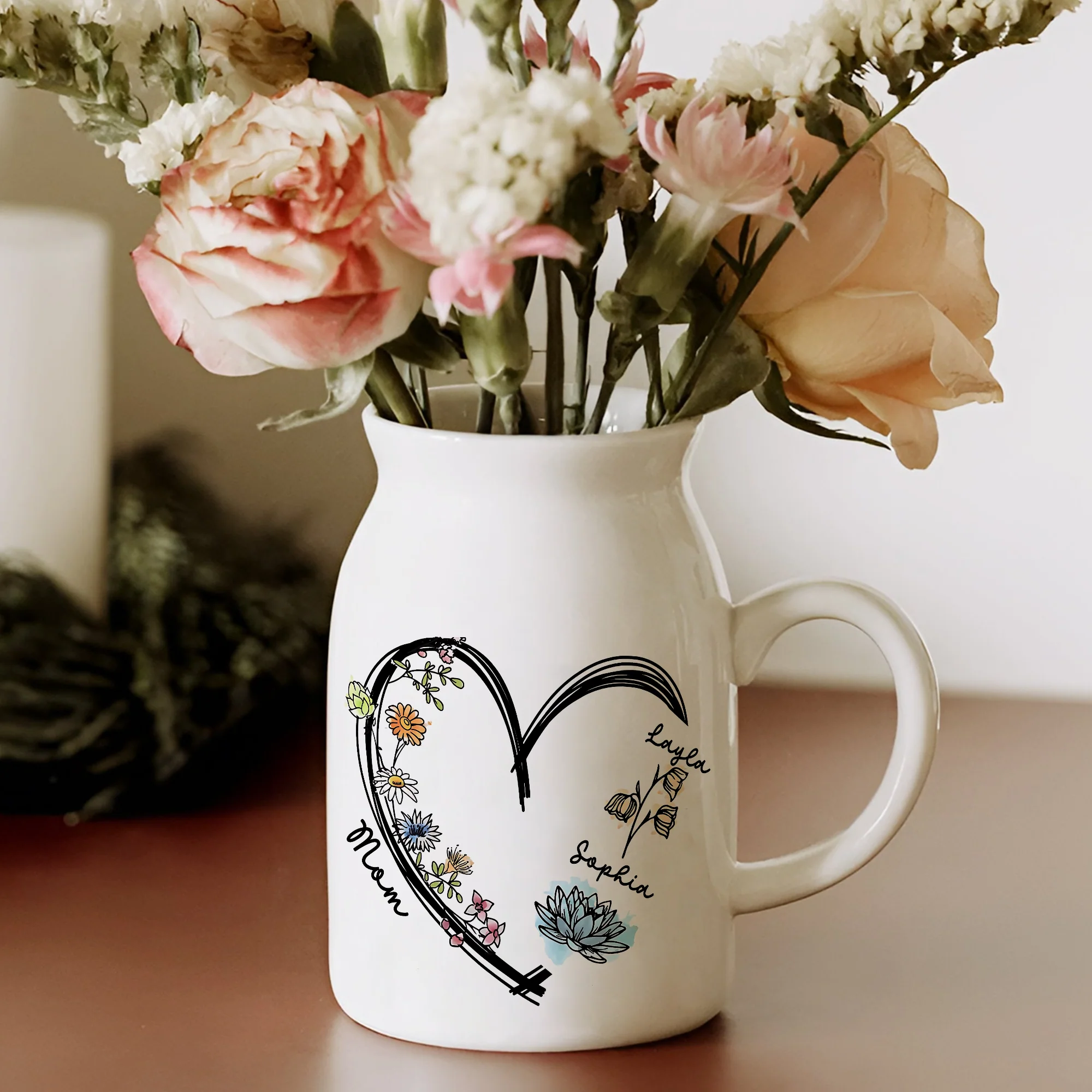 Personalized Names & Birth Flowers Vase with Heart, Mother's Day, Birthday Gift CH07 910886 - Image 2