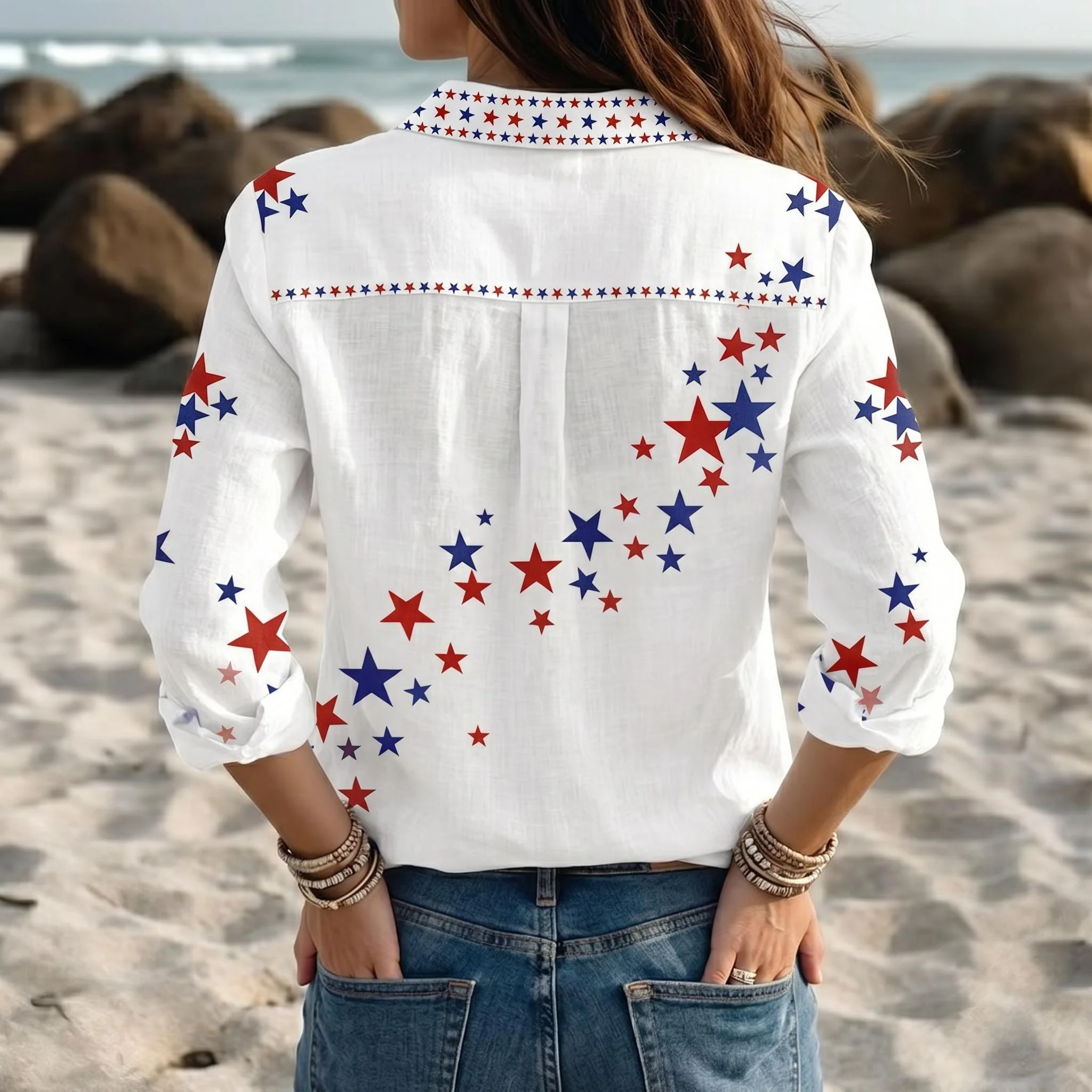 USA Flag 4th of July Blouse Shirt, Merica Red White Blue Women's Button Up Shirt Independence Day Summer Outfit CH07 911726 - Image 2