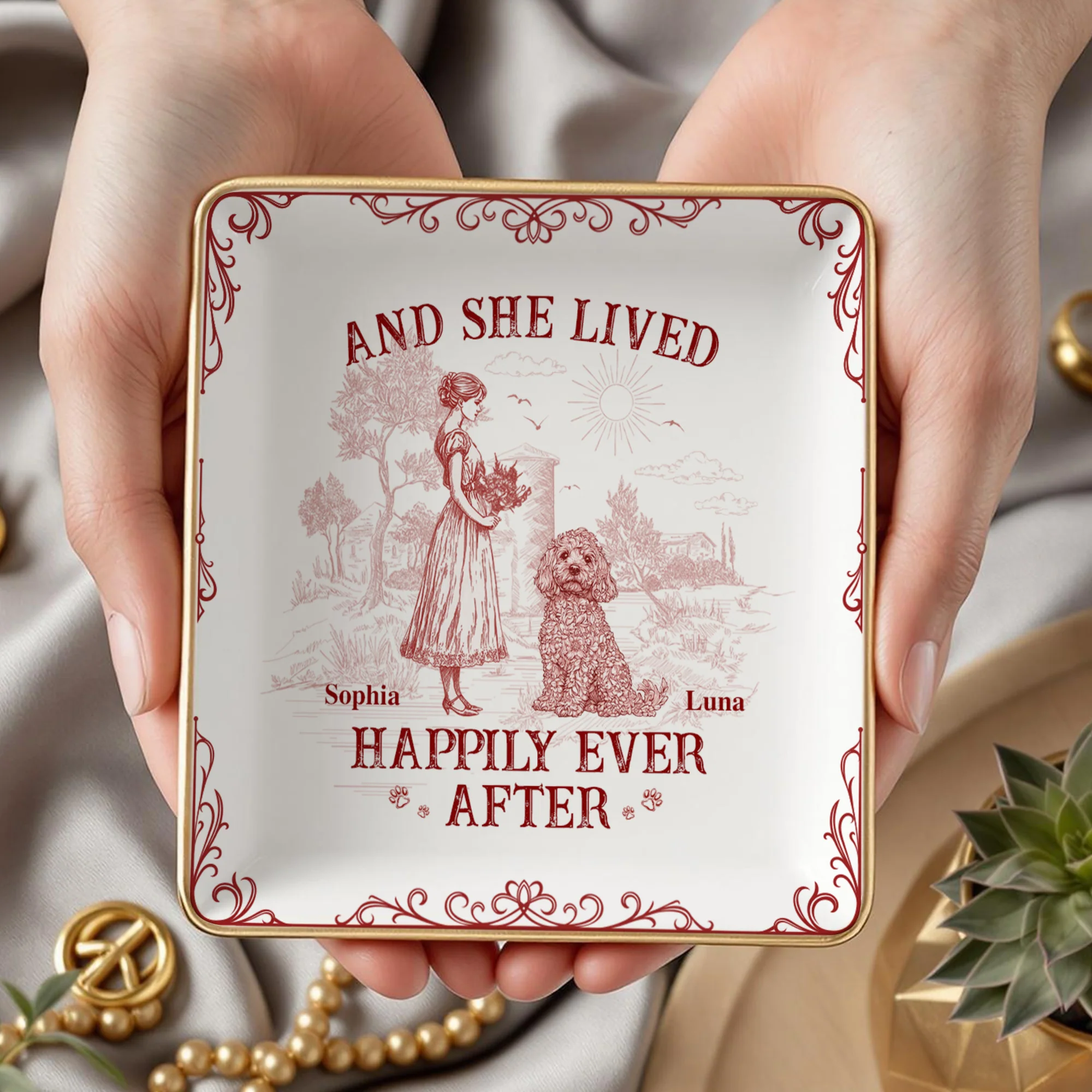 And She Lived Happily Ever After Dog Toile De Jouy Personalized Jewelry Dish LM32 893845 - Image 3