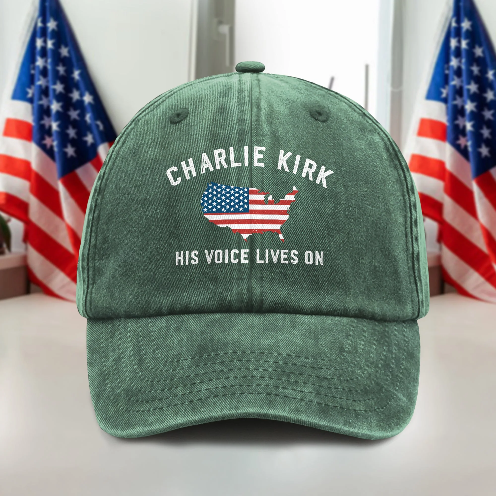 Charlie Kirk - His Voice Lives On Washed Denim Baseball Cap LM32 65459 - Image 3