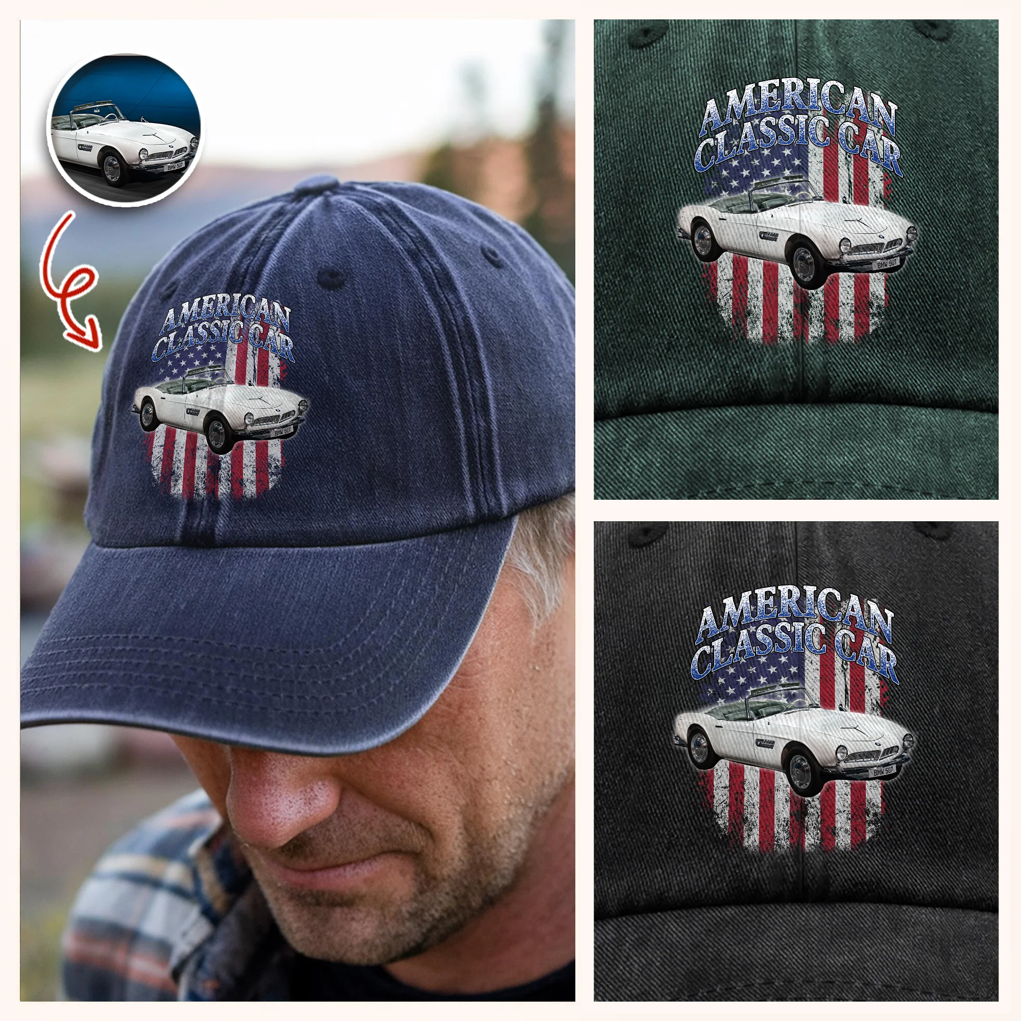 Custom Car Photo USA Flag Washed Denim Baseball Cap CH07 896514 - Image 3