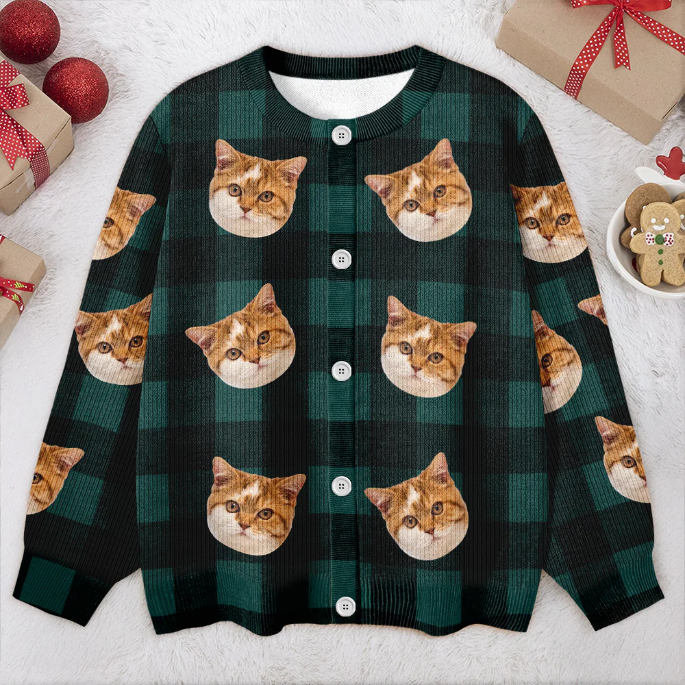 Custom Cat Face Photo With Christmas Pattern Ugly Cardigan CH07 899824 - Image 4