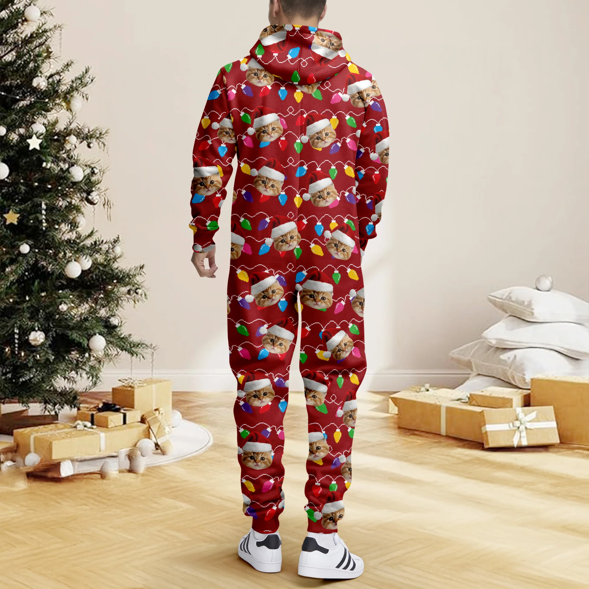 Custom Cat Face Photo With Colorful Christmas Lights Onesie Pajamas HO82 900202 - Image 6
