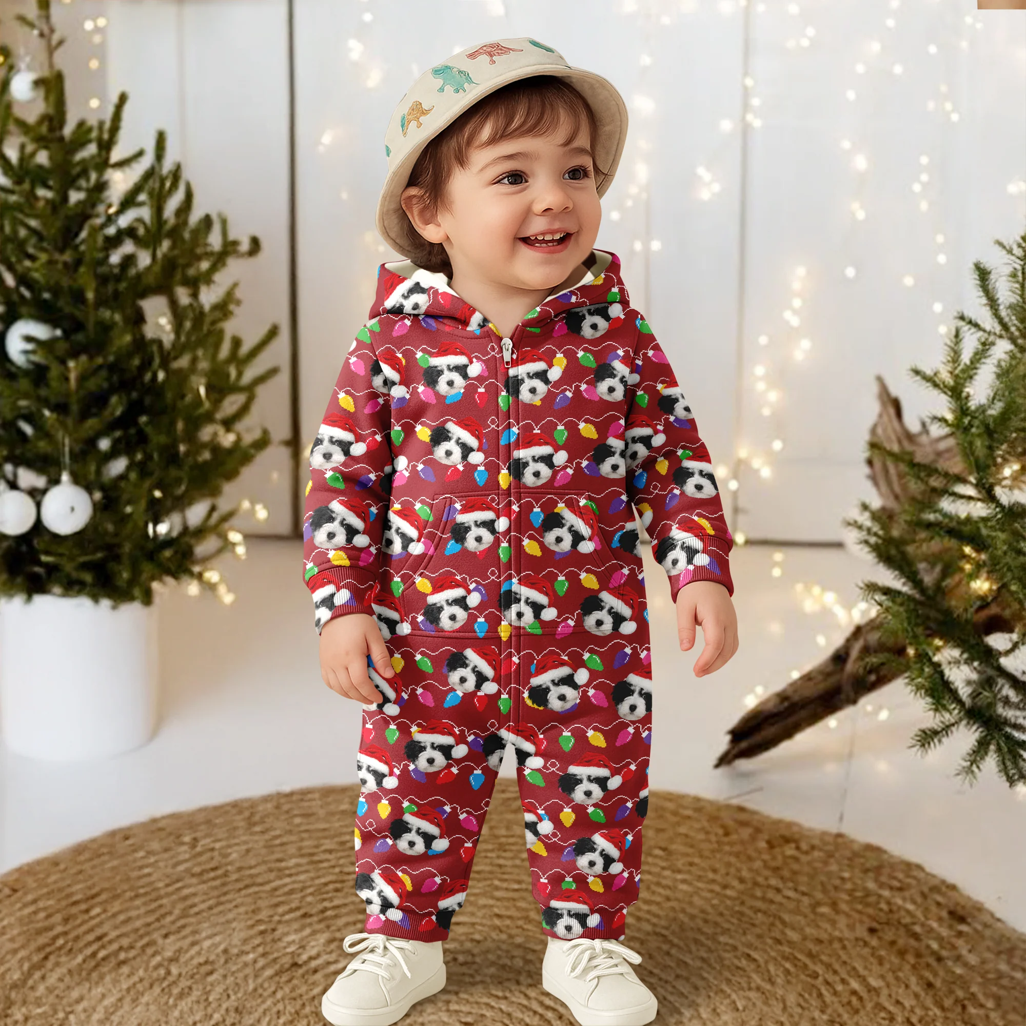 Custom Dog Face Photo With Colorful Christmas Lights Onesie Pajamas HO82 900200 - Image 4