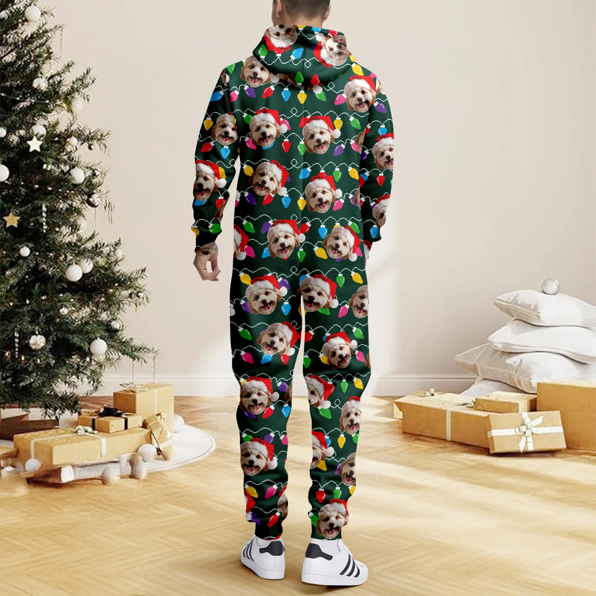 Custom Dog Face Photo With Colorful Christmas Lights Onesie Pajamas HO82 900200 - Image 6