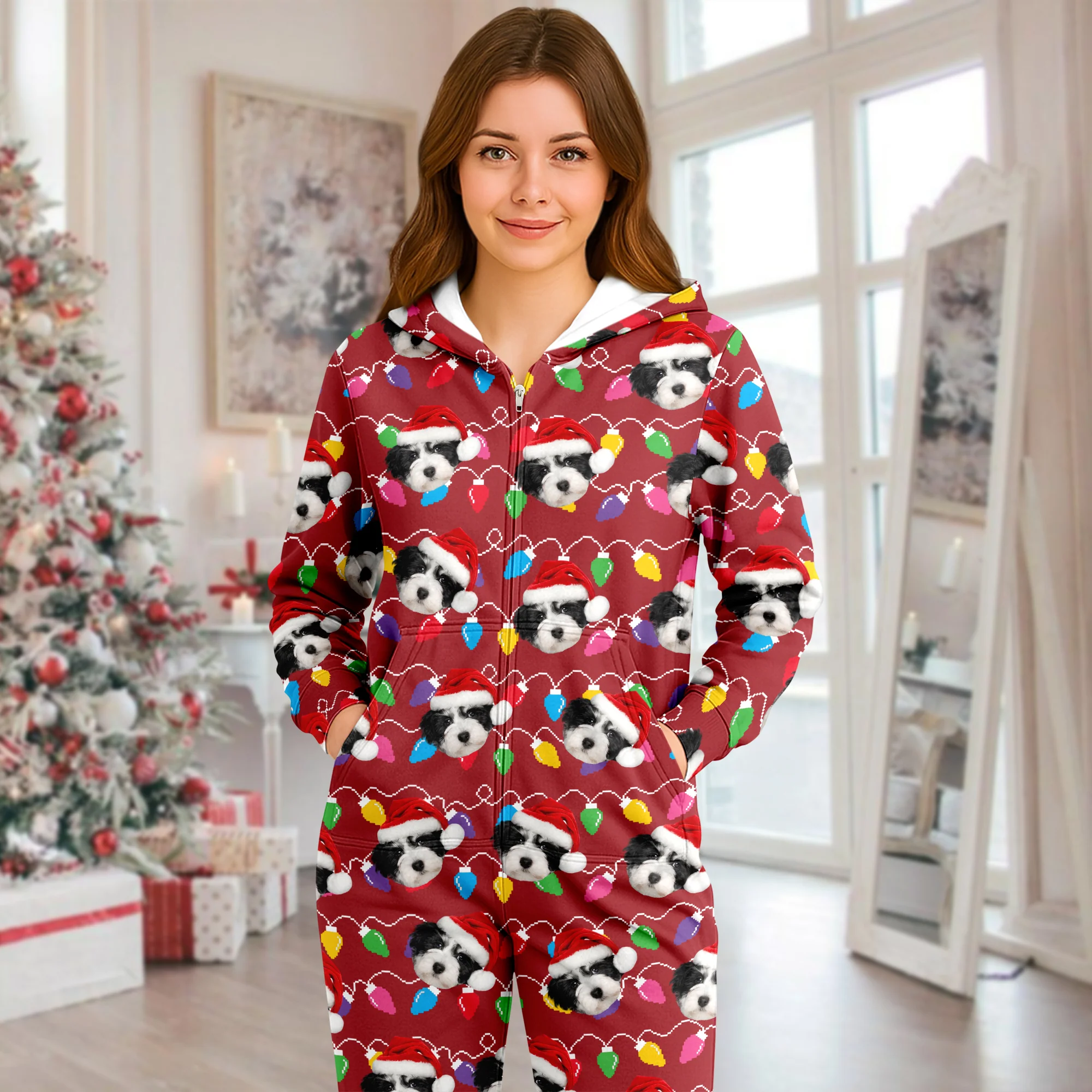 Custom Dog Face Photo With Colorful Christmas Lights Onesie Pajamas HO82 900200 - Image 8