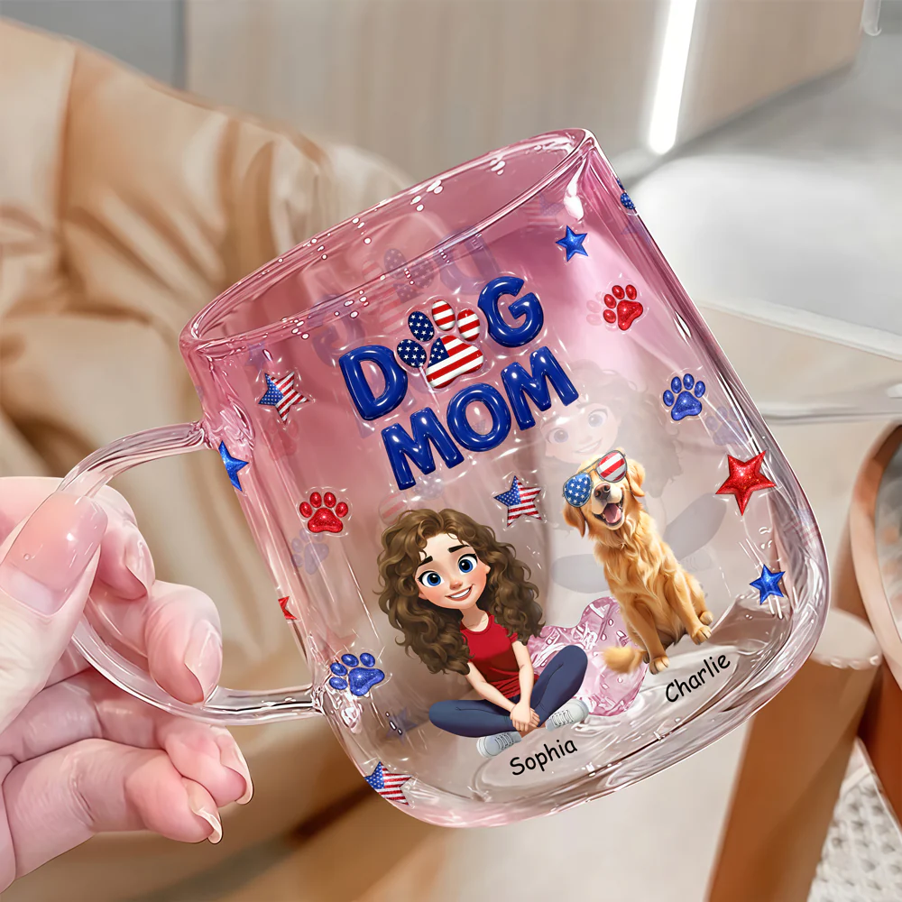 Custom Dog Mom & 3D Dog US Flag Gradient Glass Mug HO82 901916 - Image 3