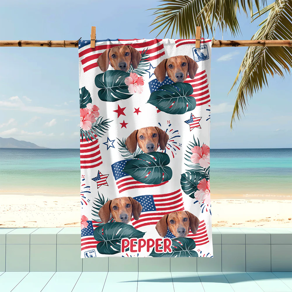 Custom Dog Photo Independence Day Beach Towel CH07 895812 - Image 2