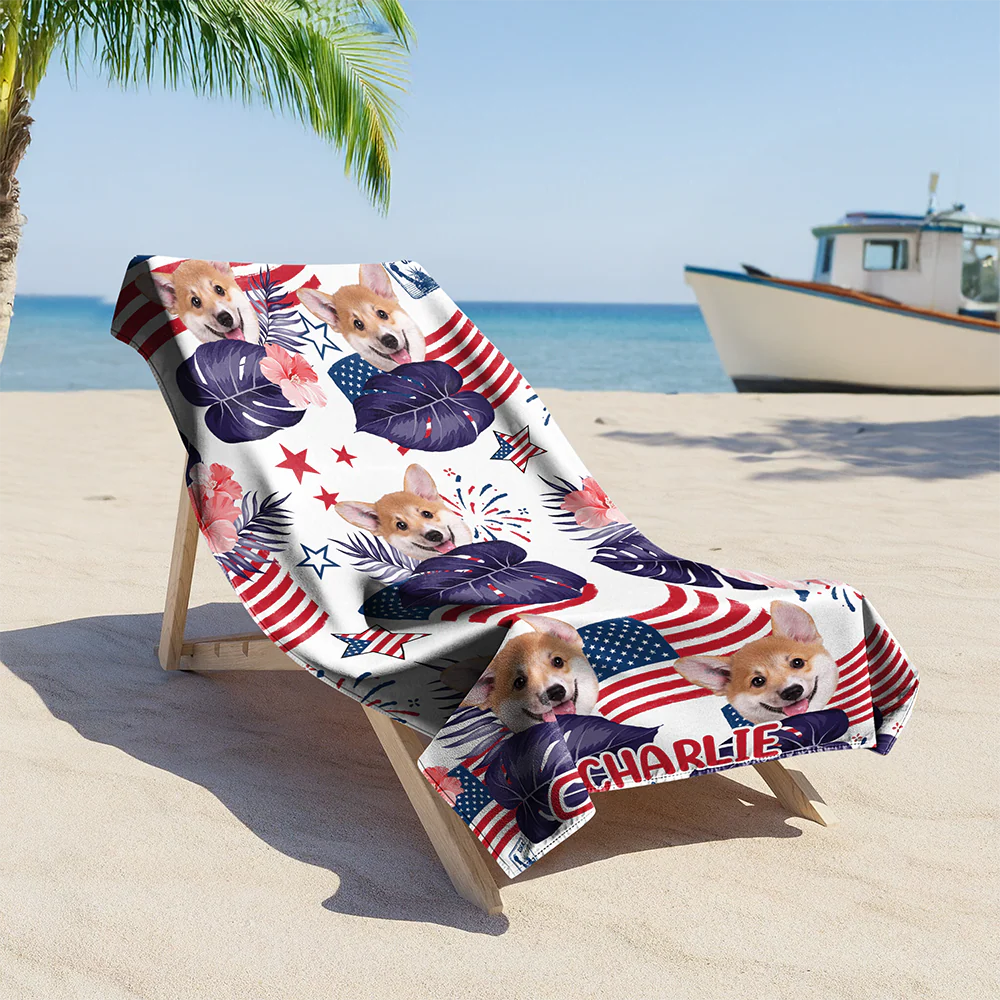 Custom Dog Photo Independence Day Beach Towel CH07 895812 - Image 4
