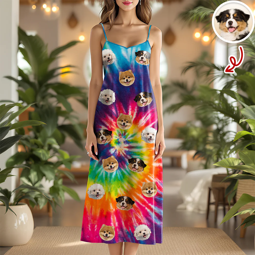 Custom Dog Photo Tie Dye Background Hawaii Cami Maxi Dress HO82 901982 - Image 4