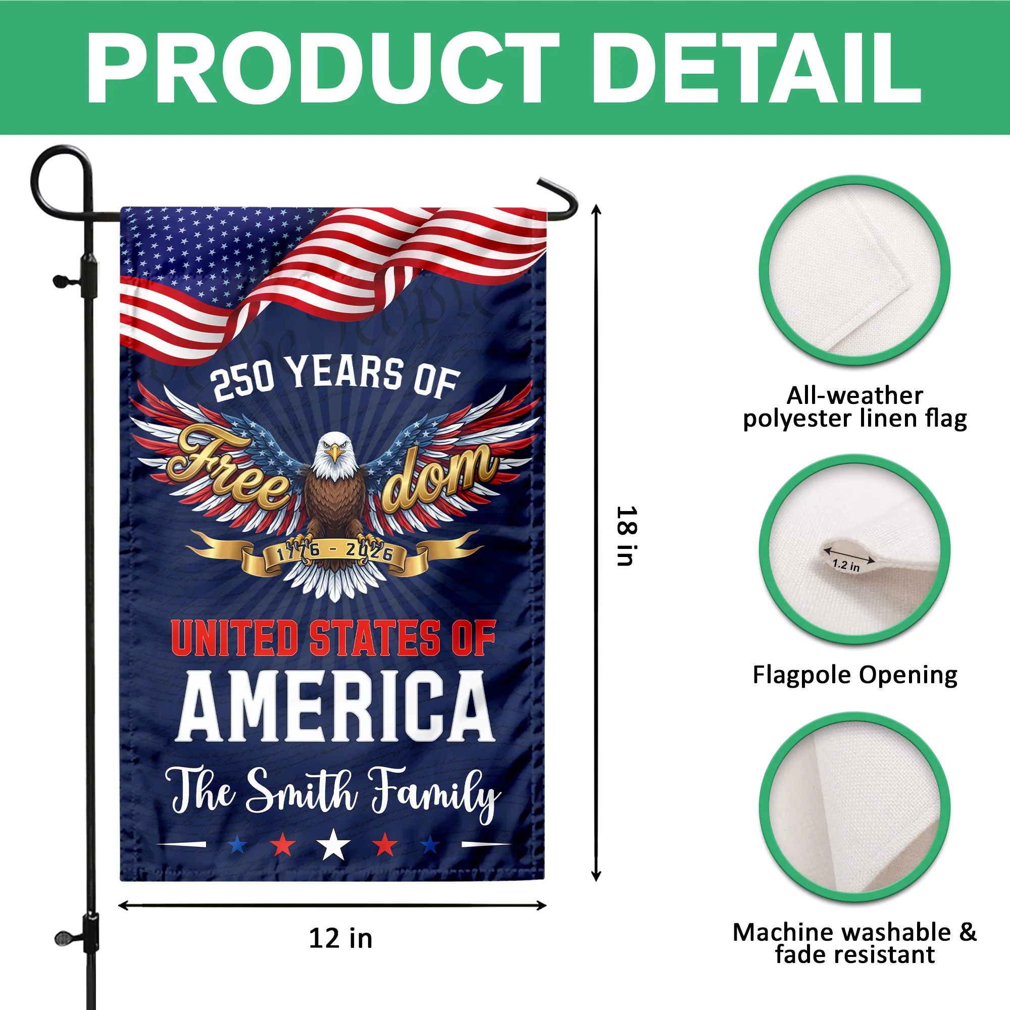 Custom Family Name 250 Years of Freedom Eagle USA 1776–2026 Garden Flag HO82 902210 - Image 7
