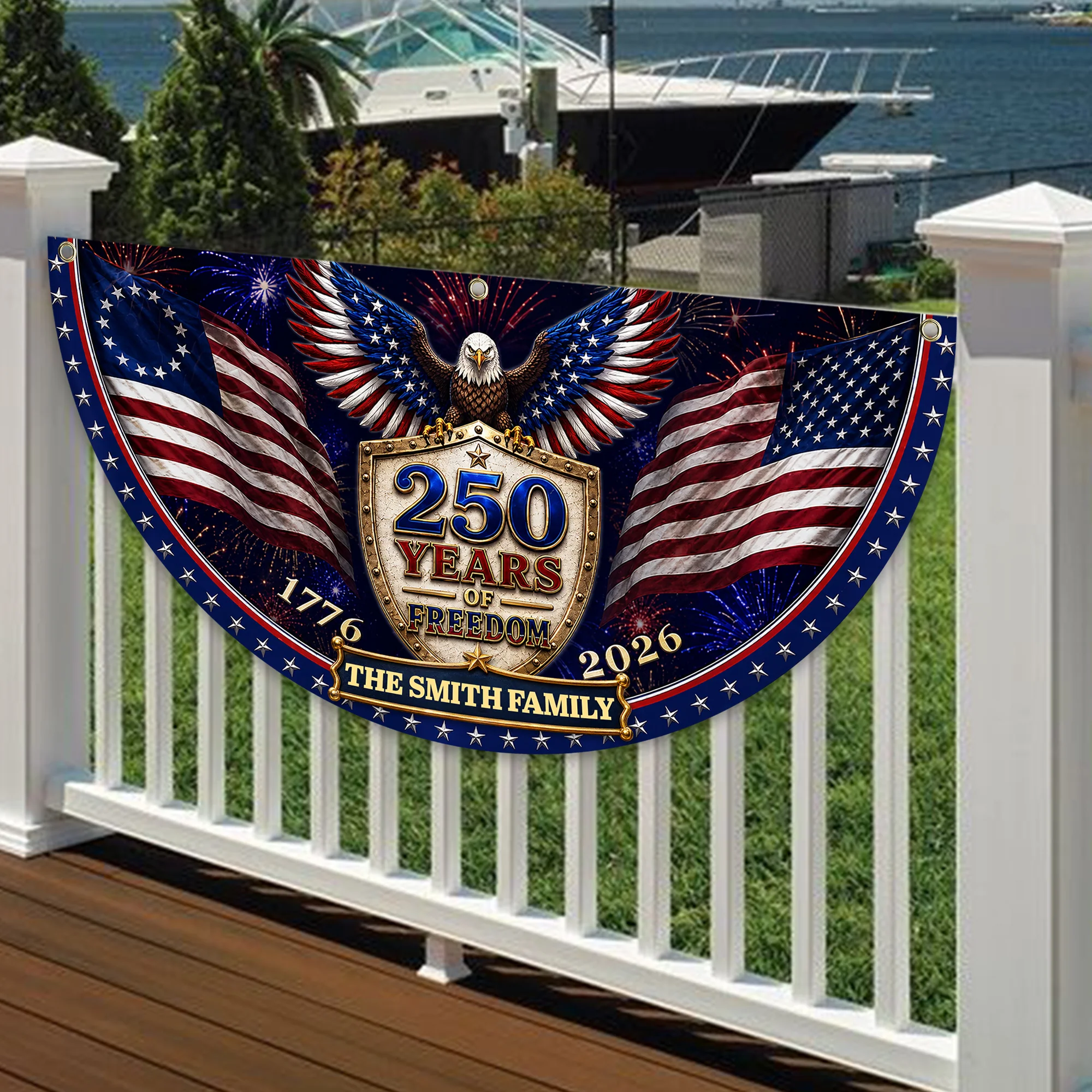 Custom Family Name 250th Birthday Party Patriotic Shield Eagle Non-Pleated Fan Flag CH07 911692 - Image 3