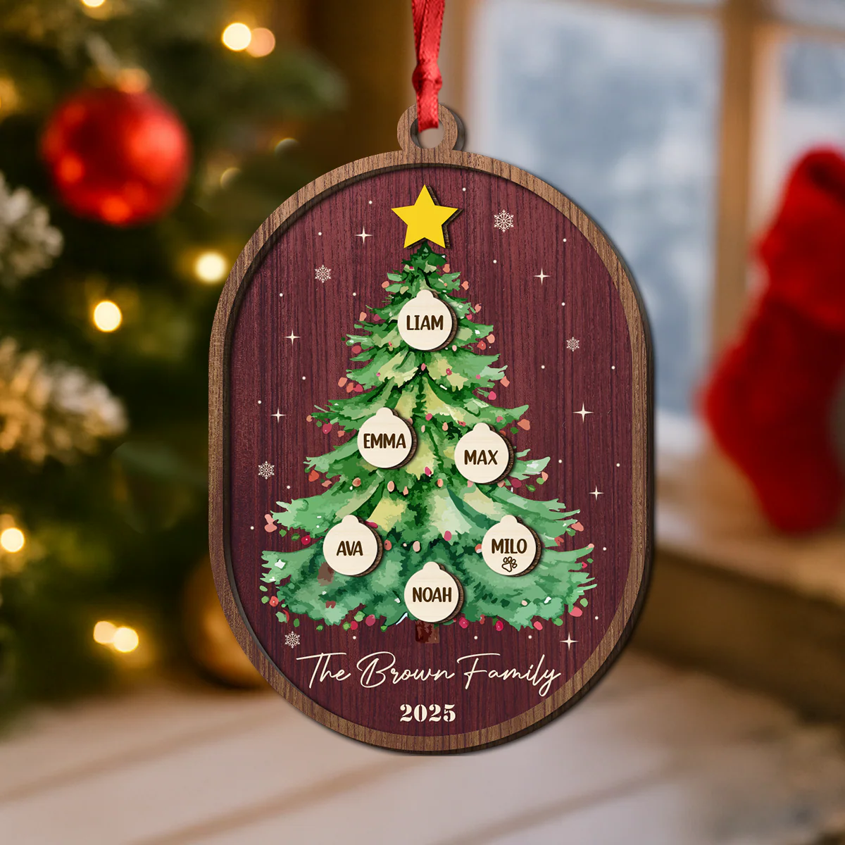 Custom Family Name Christmas Tree 2 Layers Wooden Ornament LM32 897345