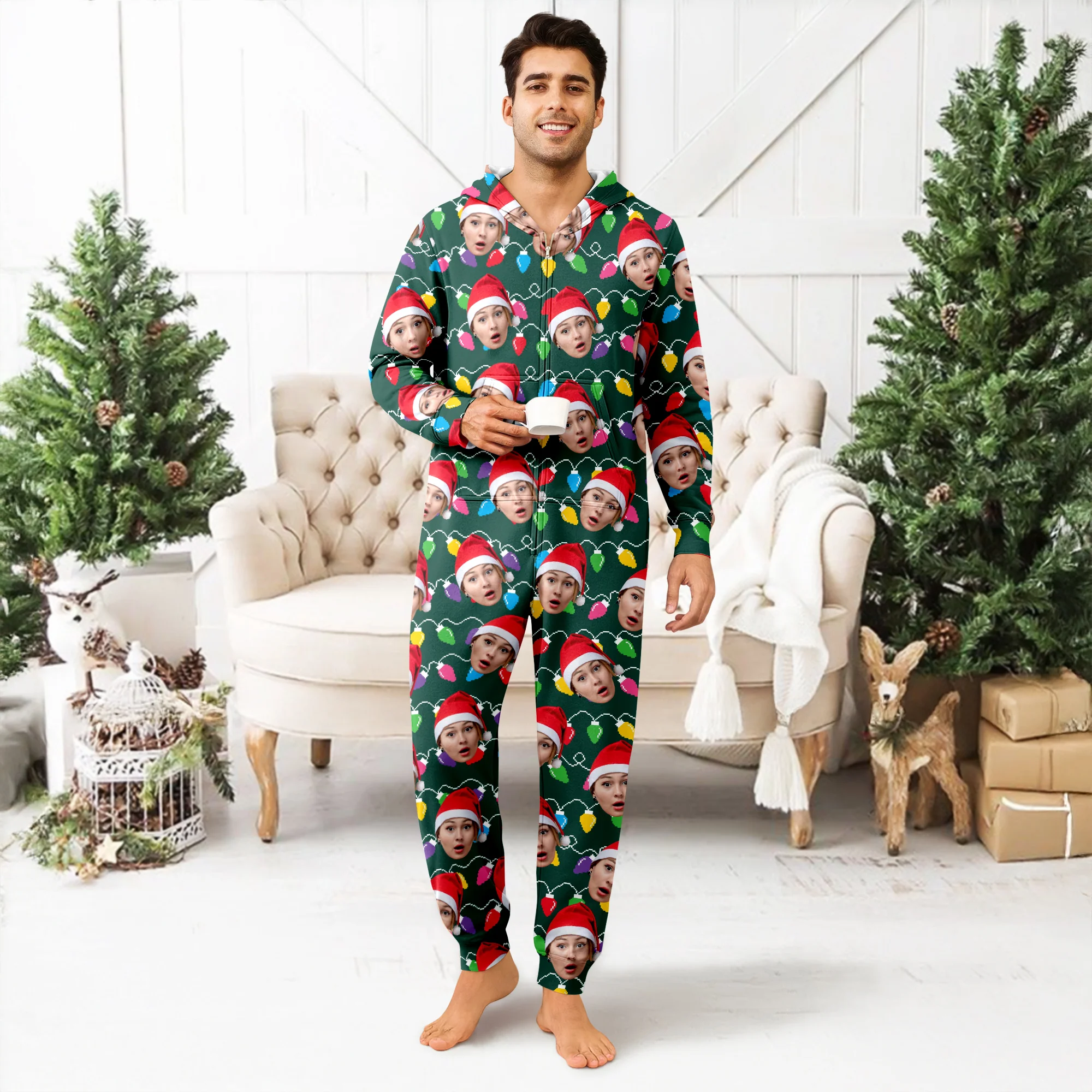 Custom Human Face Photo With Colorful Christmas Lights Onesie Pajamas HO82 900188 - Image 2