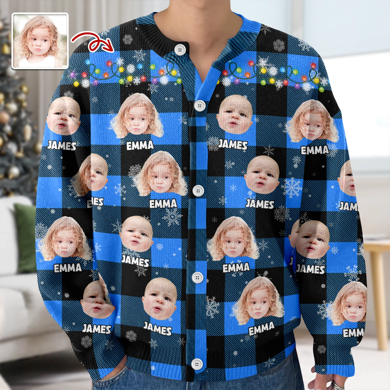 Custom Kids Photo Name Christmas Light Snow Cardigan CH07 896188 - Image 3