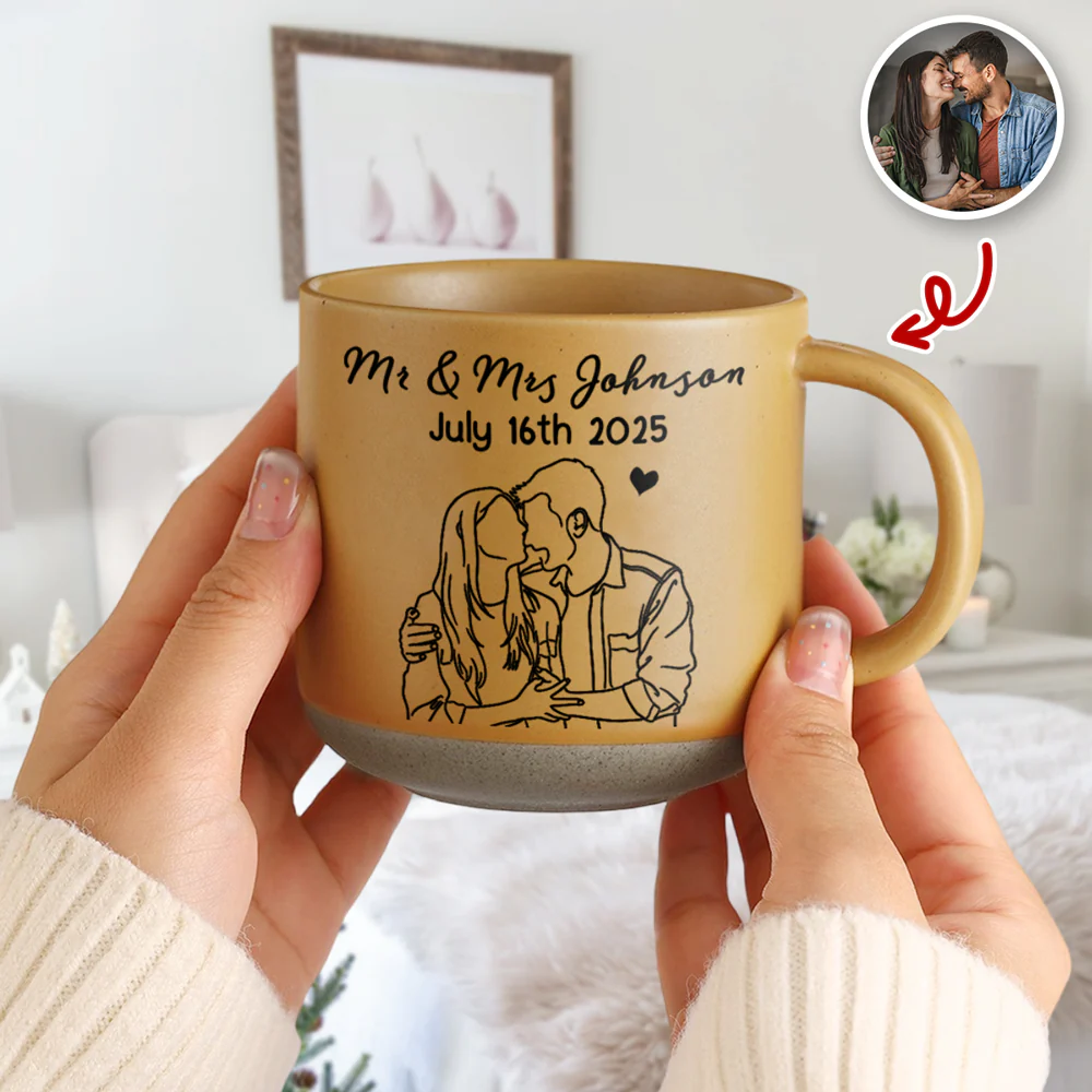 Custom Line Drawing Couple Gift Pottery Mug Valentine Gift, Anniversary Gift HA75 898920 - Image 3