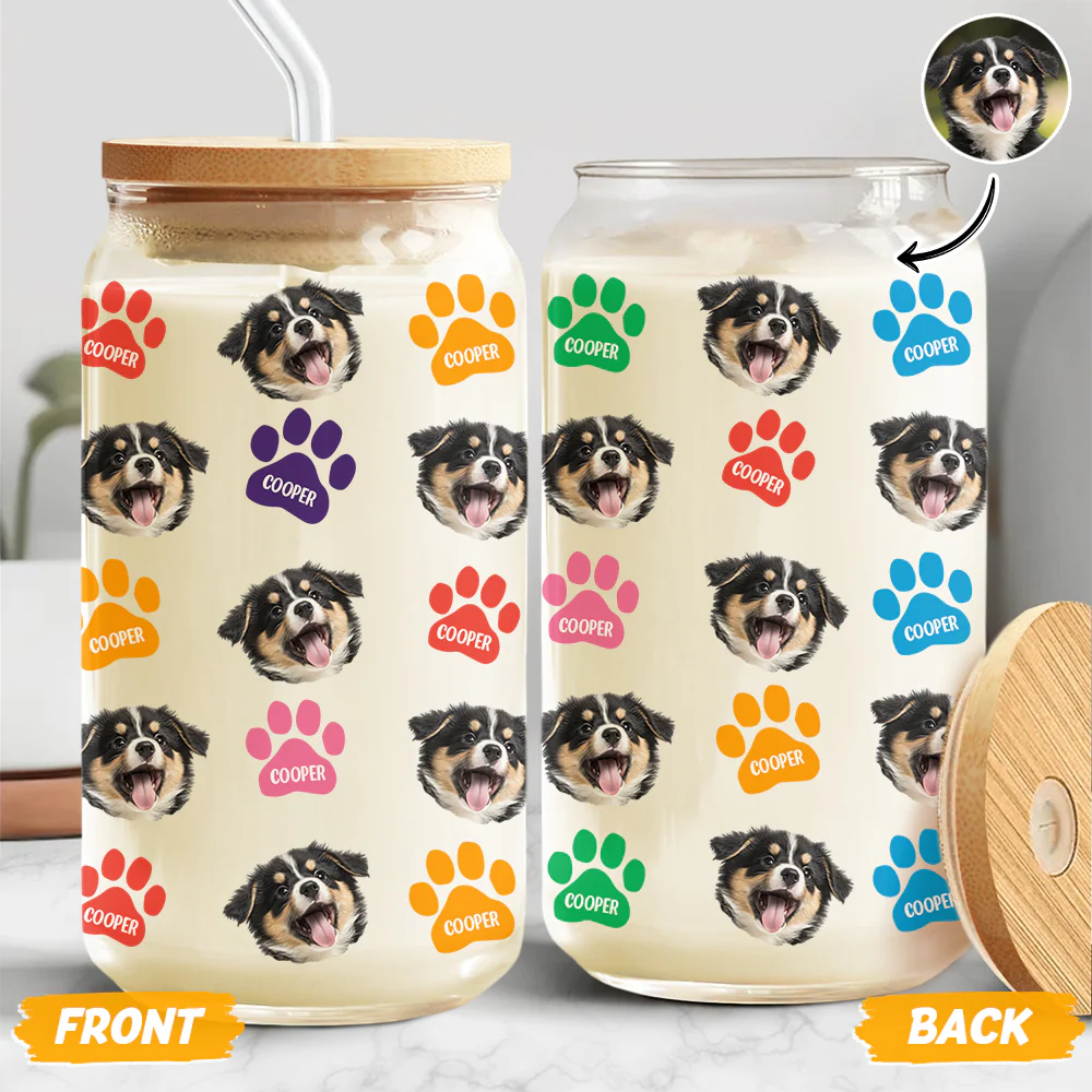Custom Photo Name Area Paws Glass Can With Lid Gift For Pet Lovers HO82 900570 - Image 2
