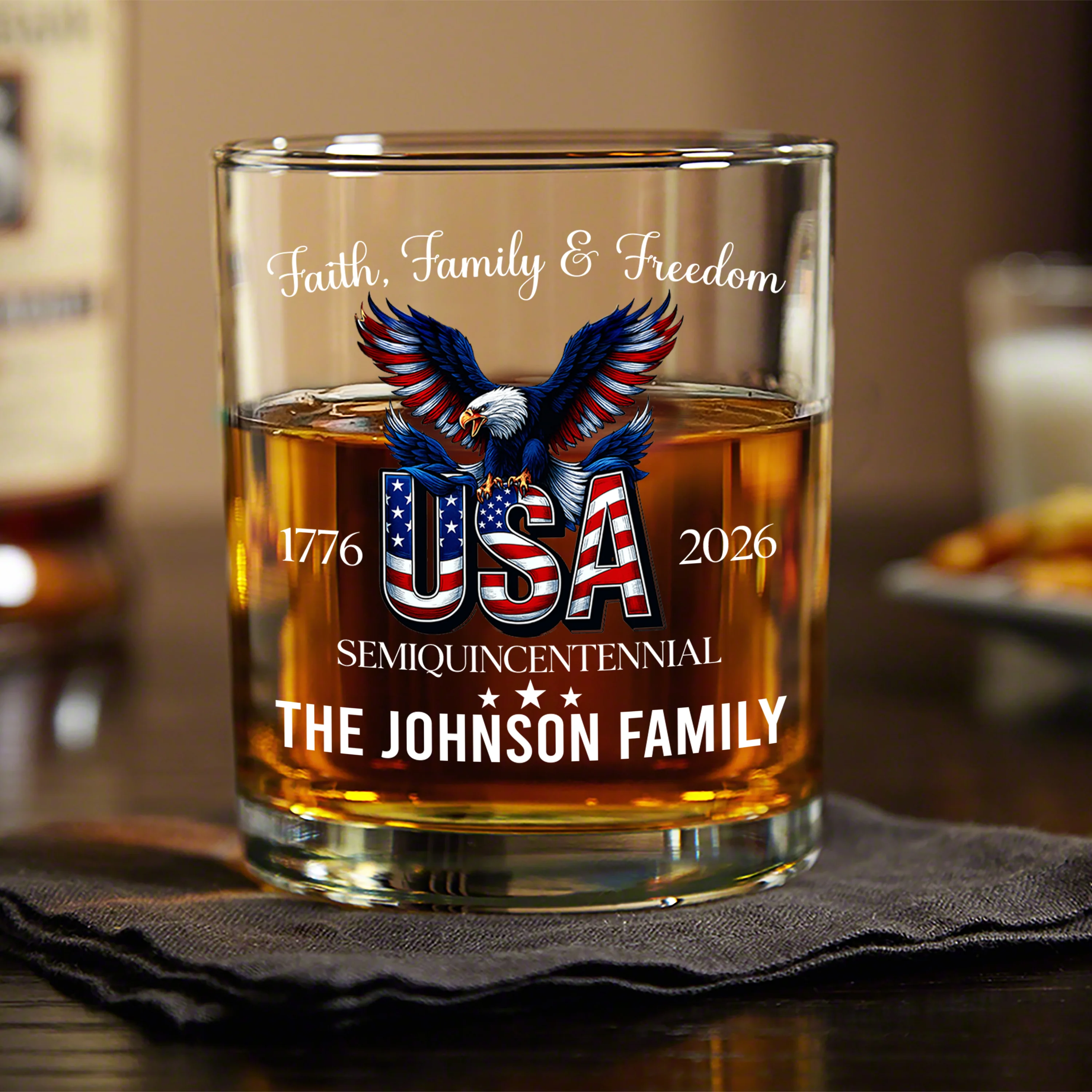 Custom Name Faith, Family & Freedom 250 Years of America Patriotic Whiskey Glass LM32 897719