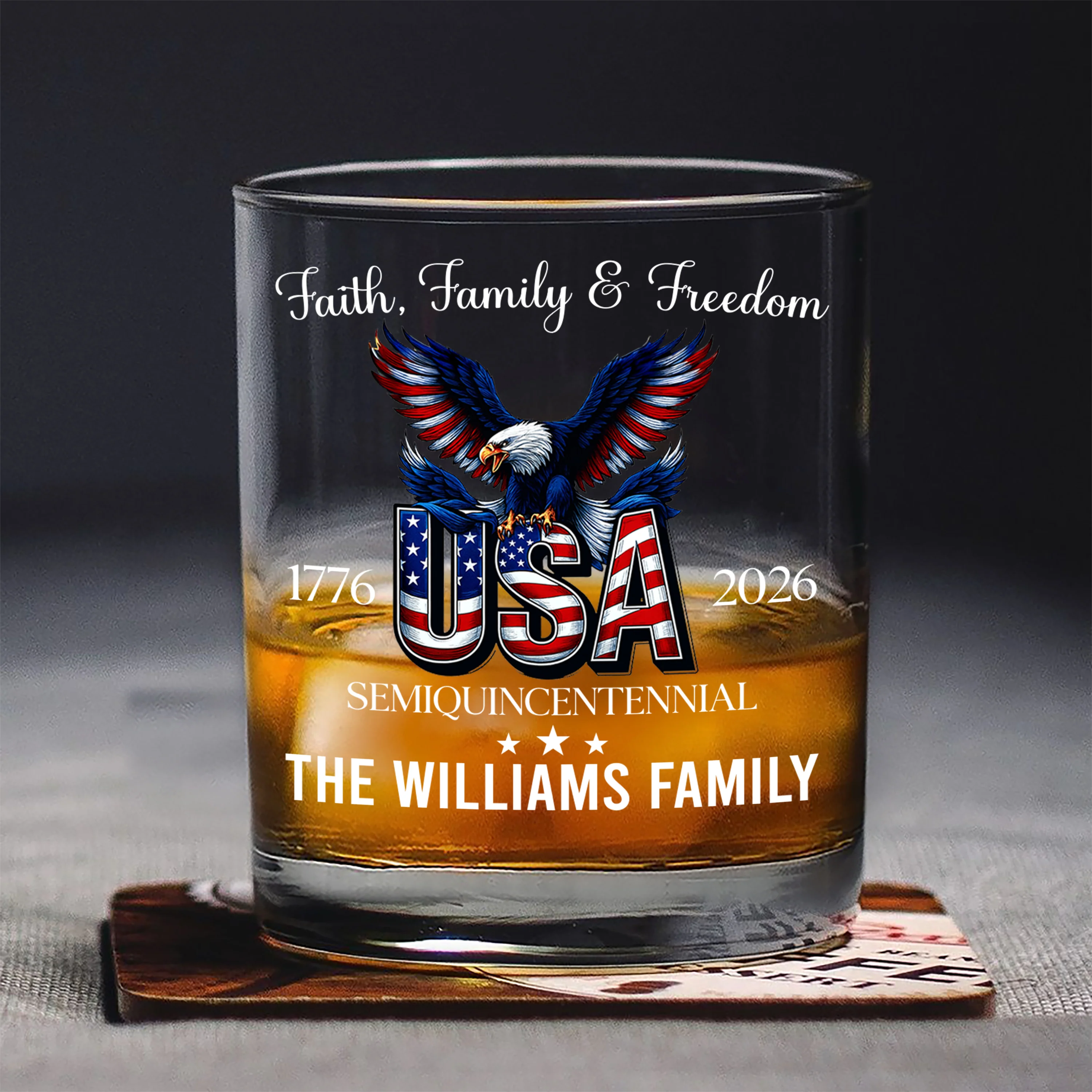 Custom Name Faith, Family & Freedom 250 Years of America Patriotic Whiskey Glass LM32 897719 - Image 5