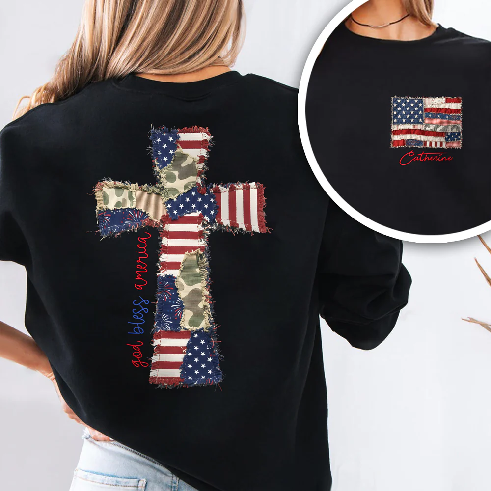 Custom Name God Bless America Patchwork USA Flag Back & Front Dark Shirt HO82 902202 - Image 2