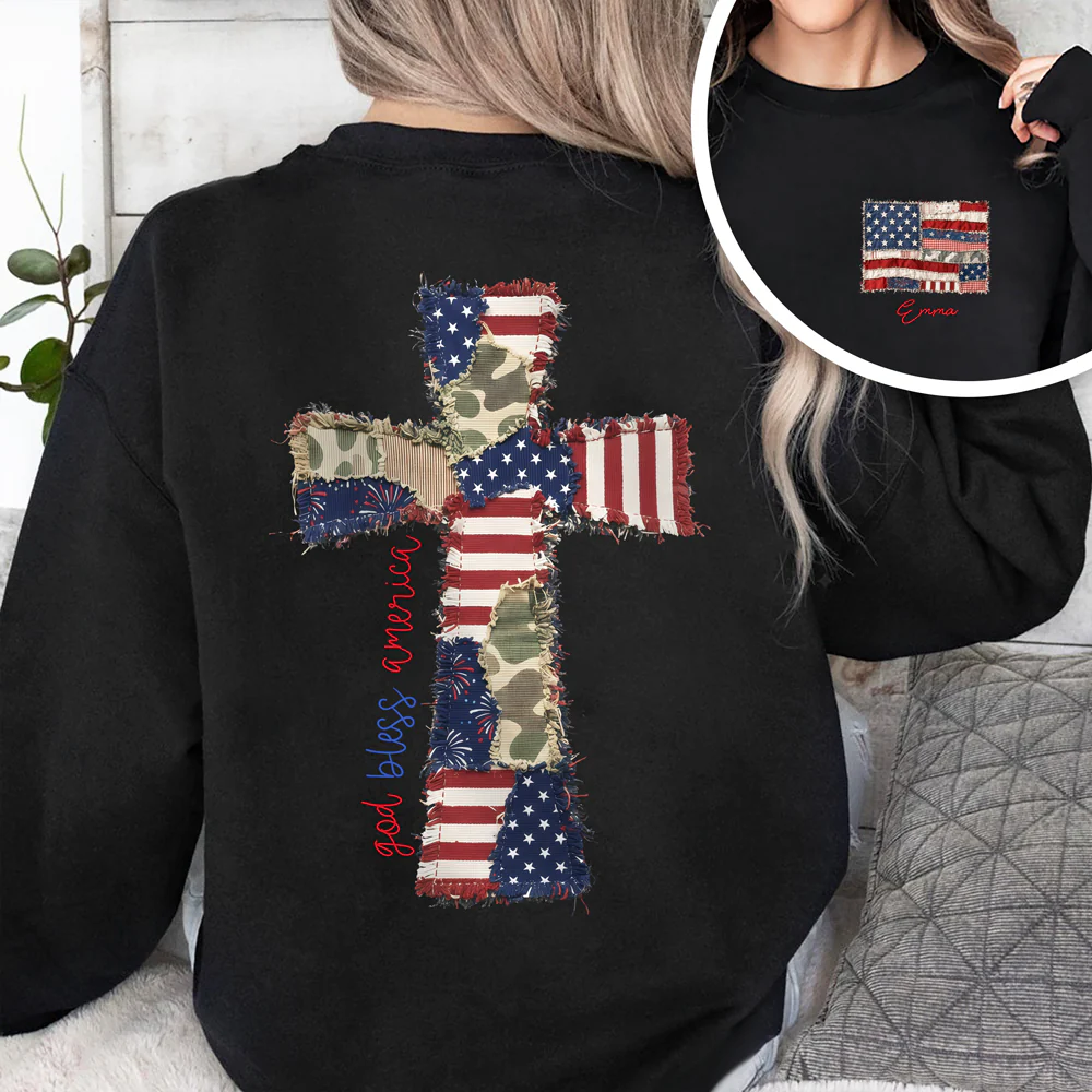 Custom Name God Bless America Patchwork USA Flag Back & Front Dark Shirt HO82 902202 - Image 3