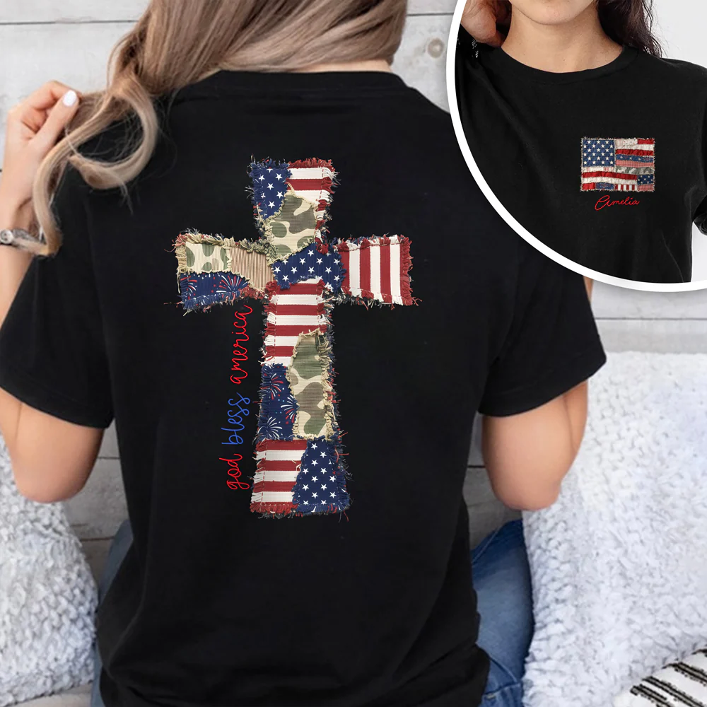 Custom Name God Bless America Patchwork USA Flag Back & Front Dark Shirt HO82 902202 - Image 5