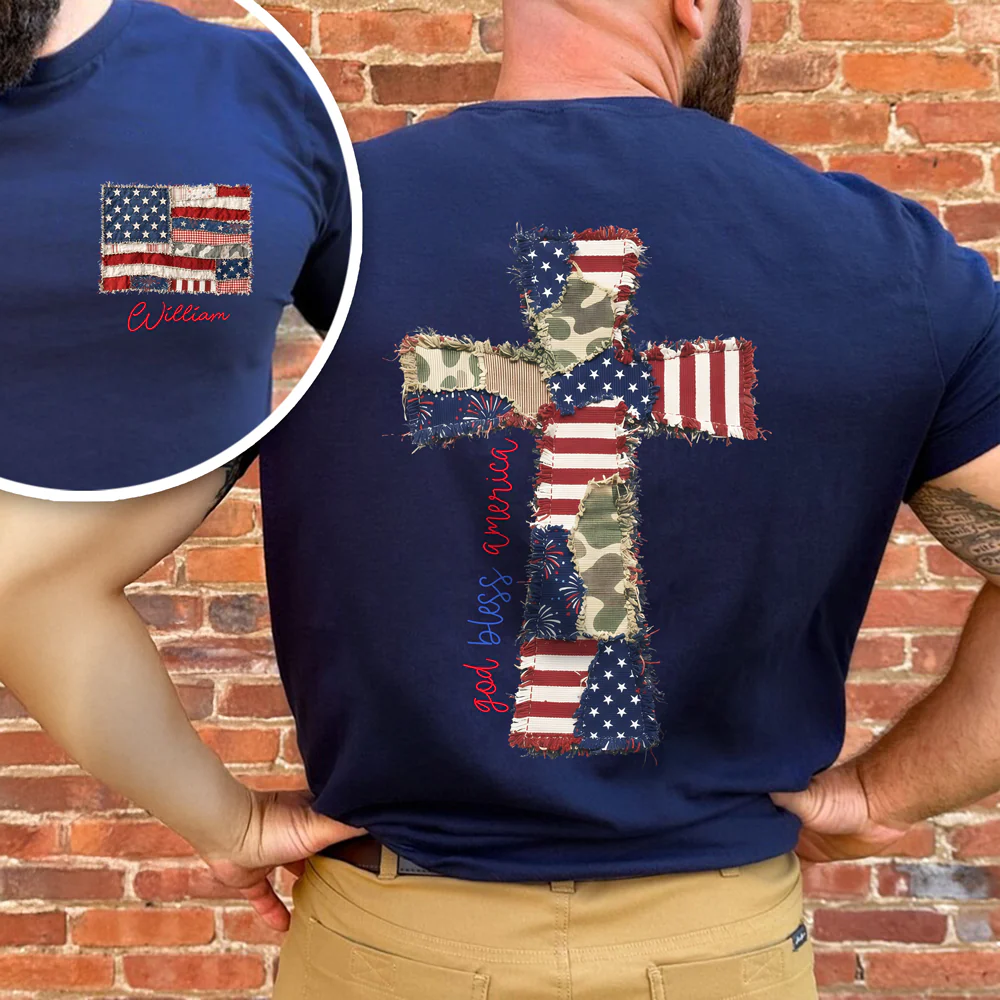 Custom Name God Bless America Patchwork USA Flag Back & Front Dark Shirt HO82 902202 - Image 7