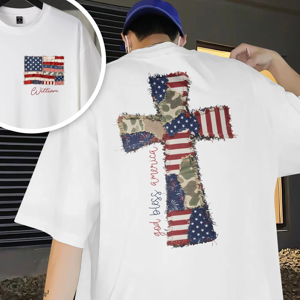Custom Name God Bless America Patchwork USA Flag Back & Front Shirt HO82 902224 - Image 2