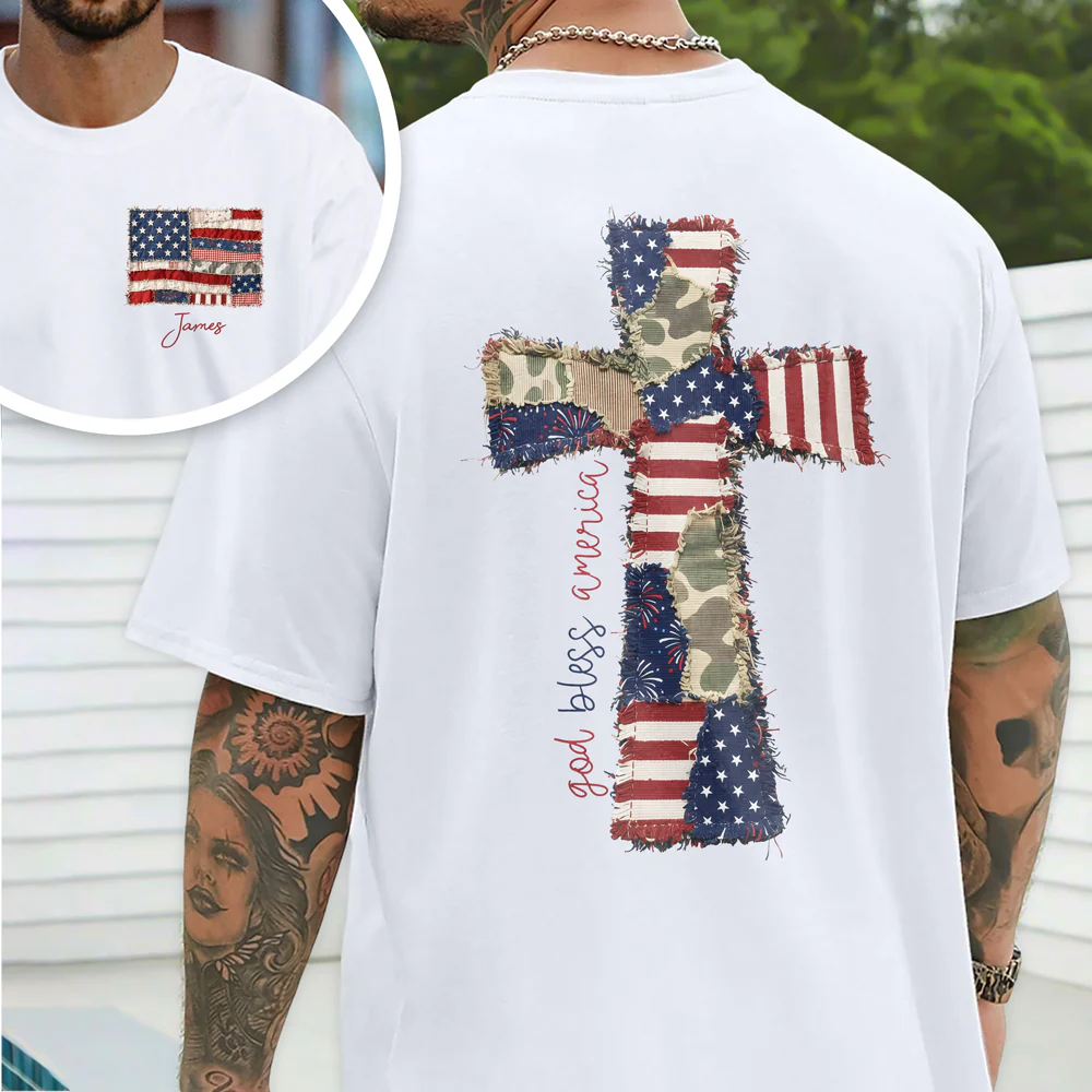 Custom Name God Bless America Patchwork USA Flag Back & Front Shirt HO82 902224 - Image 4