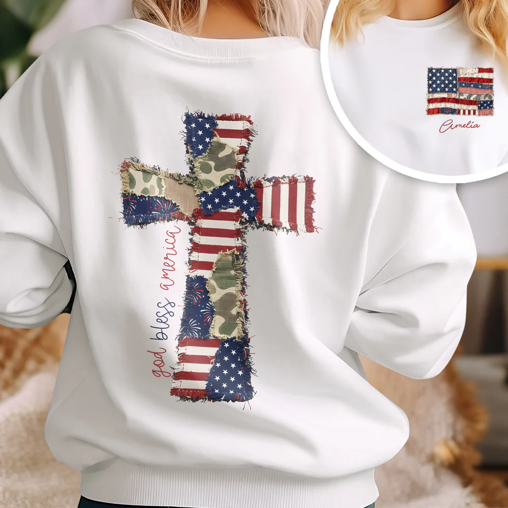 Custom Name God Bless America Patchwork USA Flag Back & Front Shirt HO82 902224 - Image 5