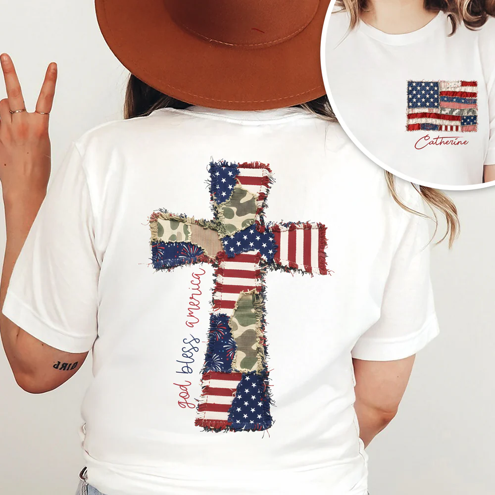 Custom Name God Bless America Patchwork USA Flag Back & Front Shirt HO82 902224 - Image 6
