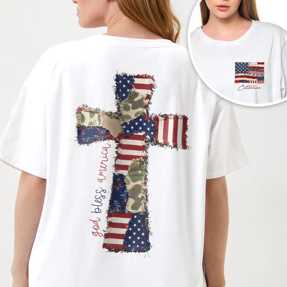 Custom Name God Bless America Patchwork USA Flag Back & Front Shirt HO82 902224 - Image 7
