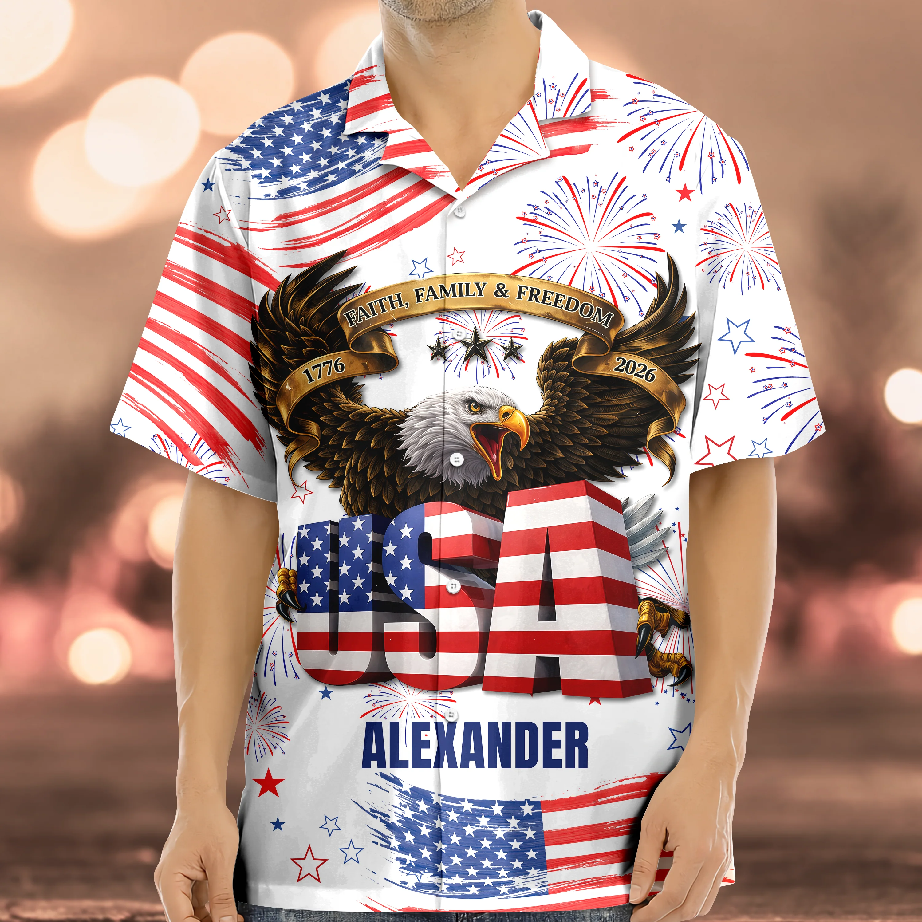 Custom Name Happy Independence's Day USA Eagle Faith, Family & Freedom 3D Hawaii Shirt TH10 898415 - Image 3