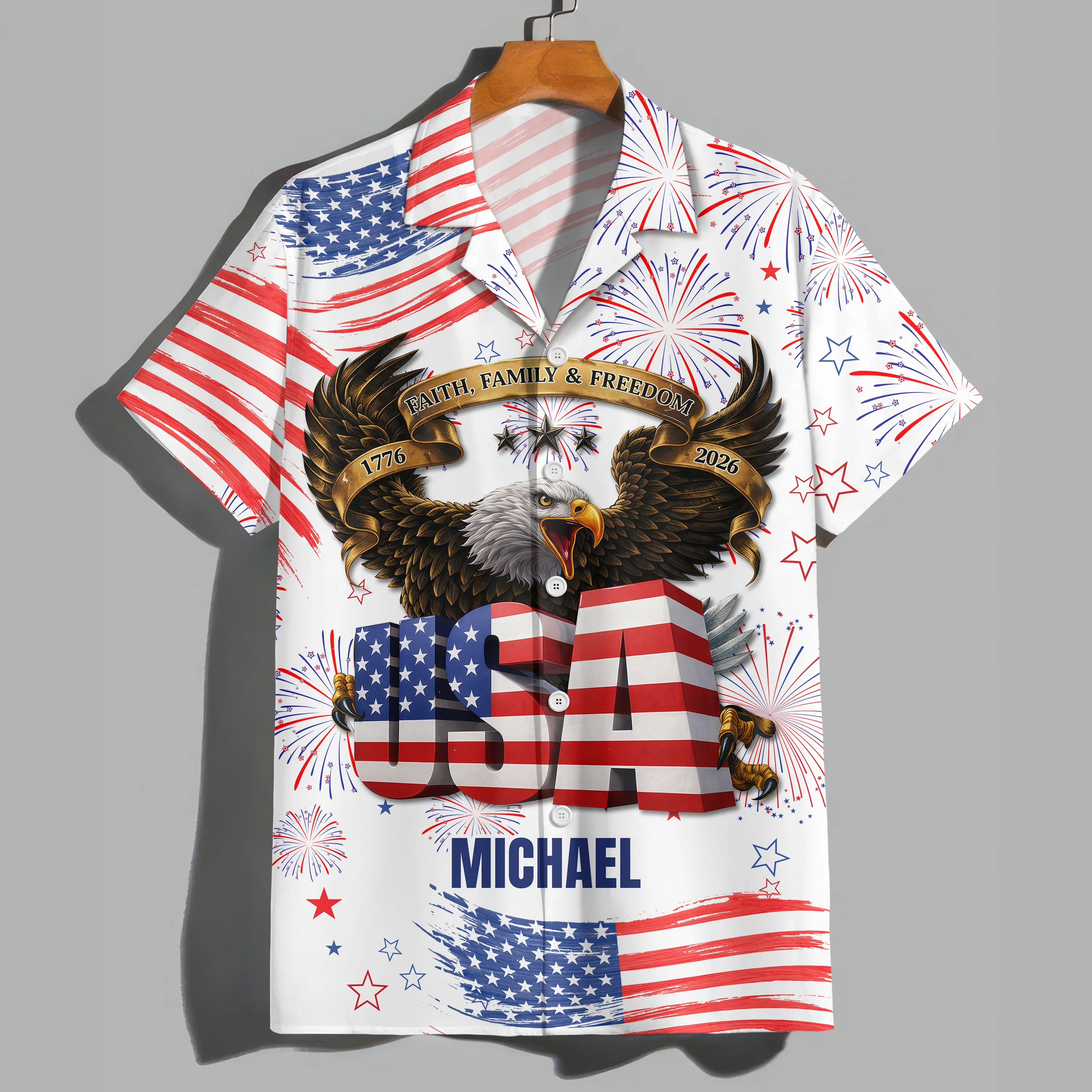 Custom Name Happy Independence's Day USA Eagle Faith, Family & Freedom 3D Hawaii Shirt TH10 898415 - Image 6
