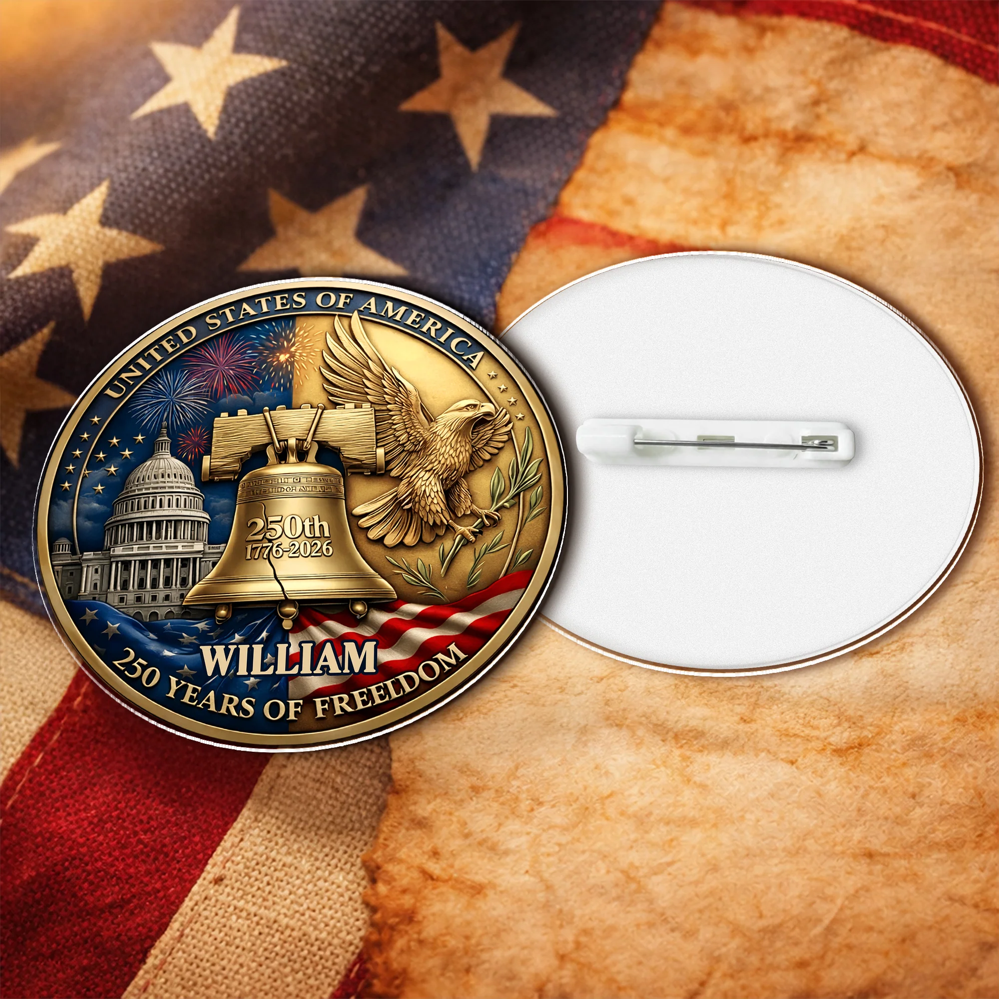 Custom Name USA 250 Years Of Freedom 1776-2026 Liberty Bell & Eagle Badge Acrylic Pin HO82 901822 - Image 3