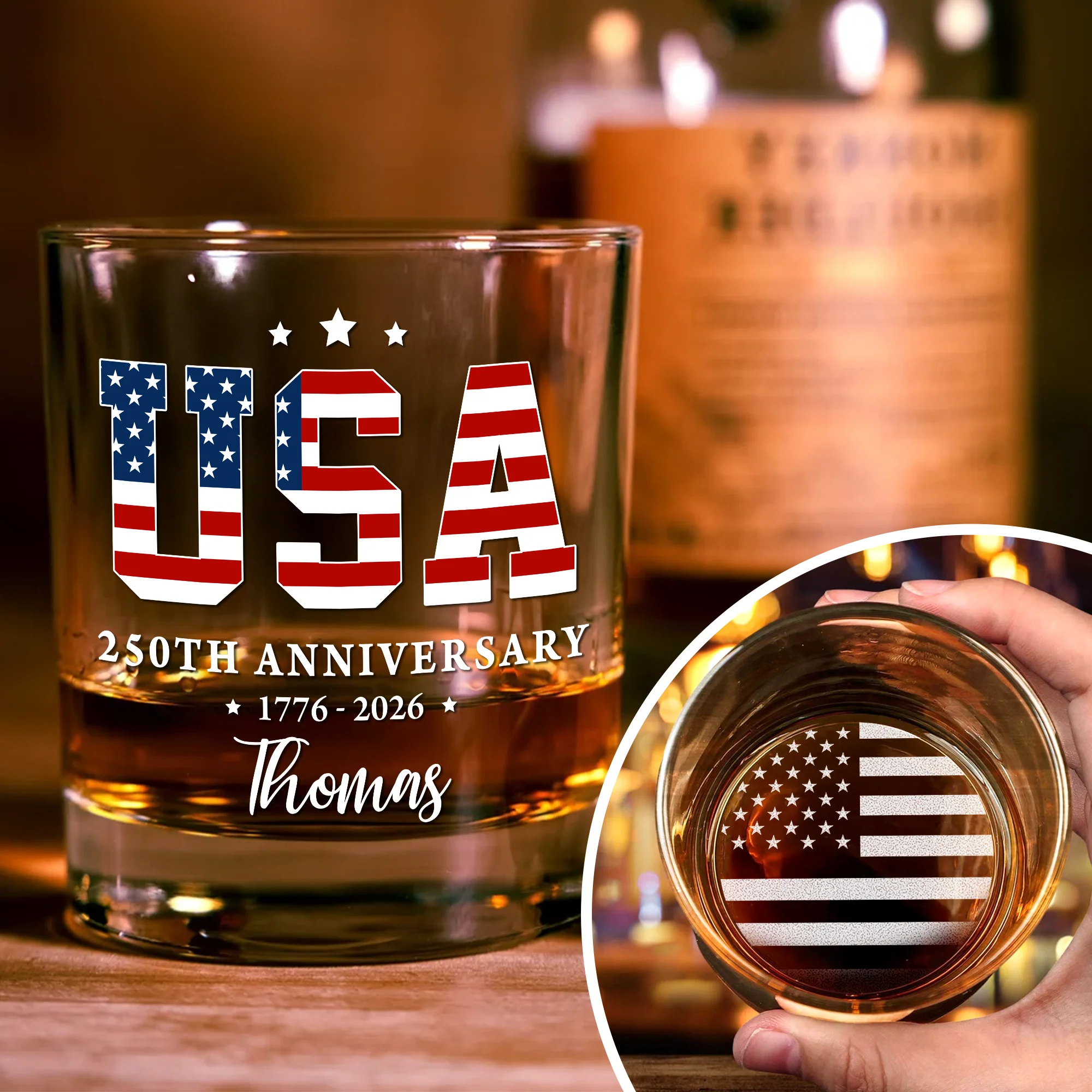 Custom Name USA 250th Anniversary 1776-2026 Engraved Whiskey Glass Independence Day Gift LM32 897959 - Image 2