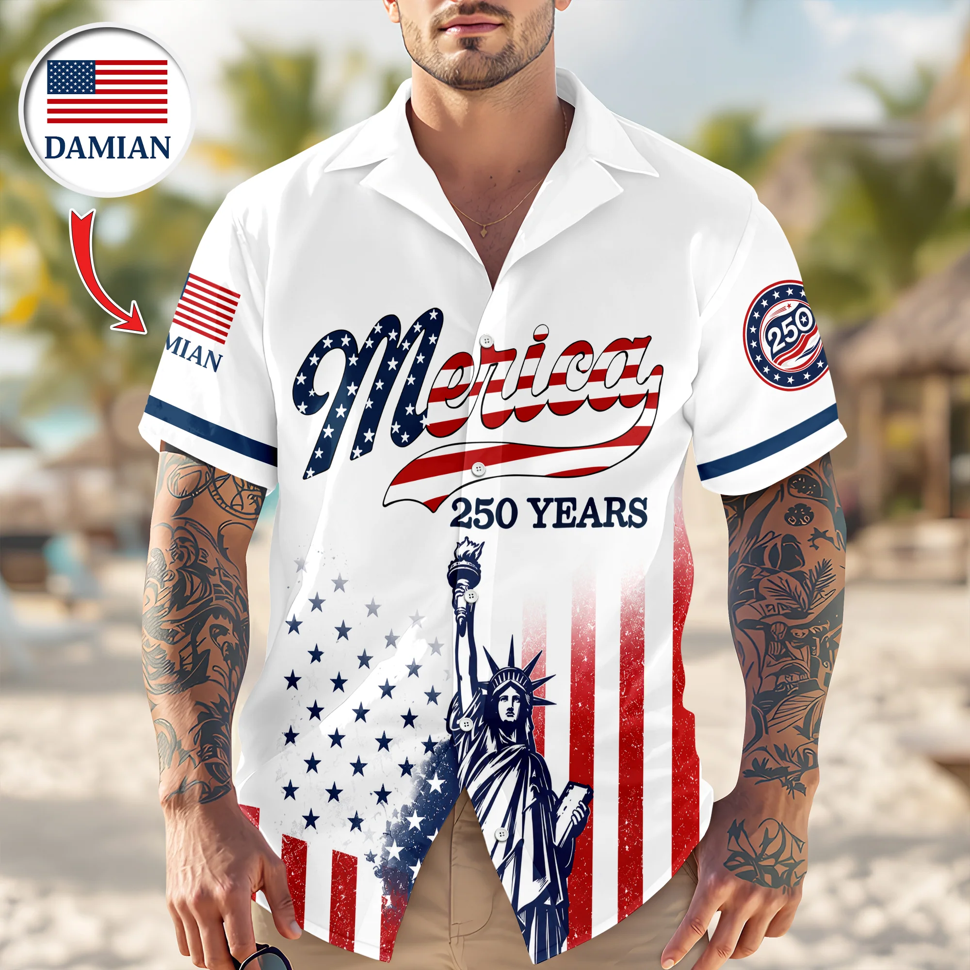 Custom Name USA 250th Anniversary Patriotic Statue of Liberty Merica 250 Baseball Hawaii Shirt HO82 902916