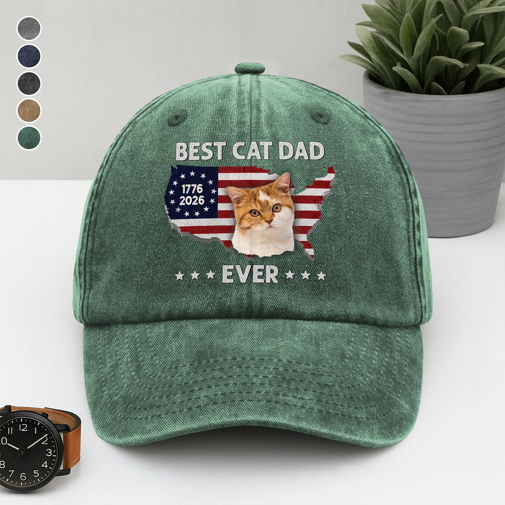 Custom Photo Best Dog Dad Ever US Flag 1776 - 2026 Washed Denim Baseball Cap HA75 921356 - Image 5