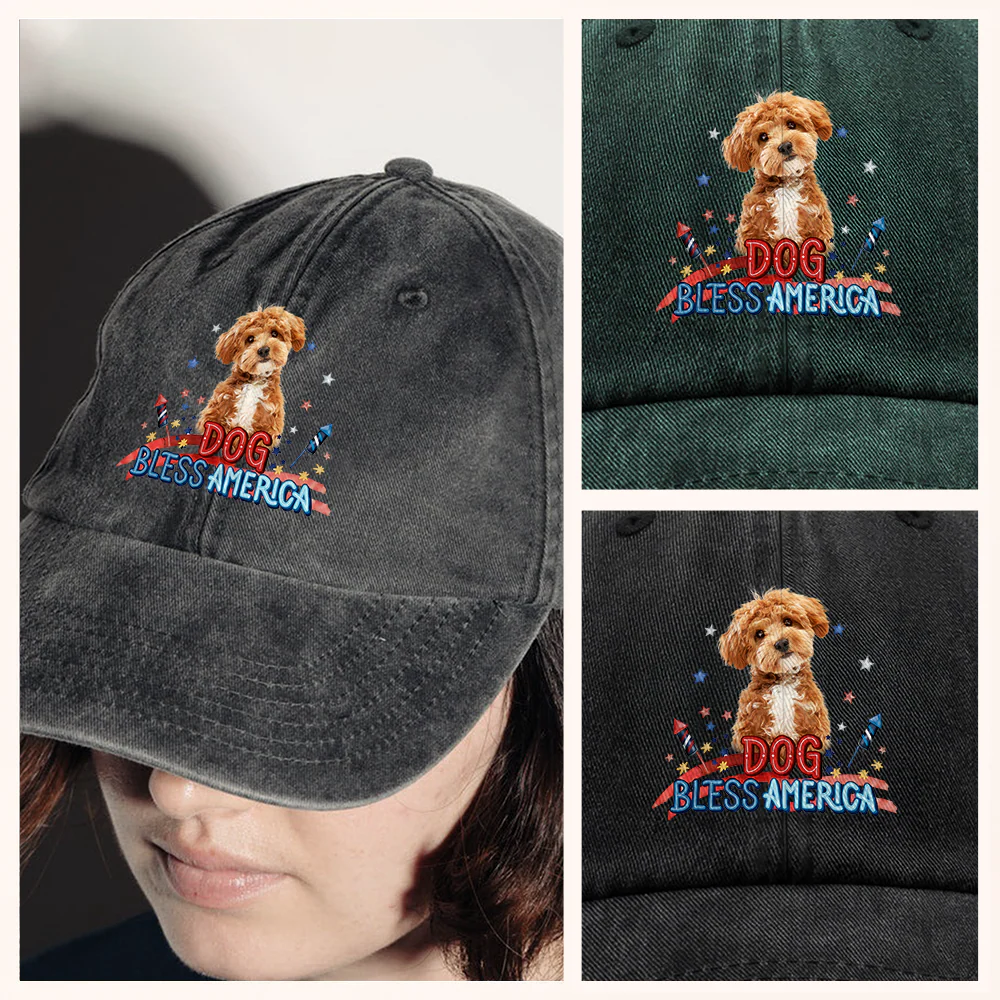 Custom Photo Dog Bless America Washed Denim Baseball Cap HO82 902846 - Image 4