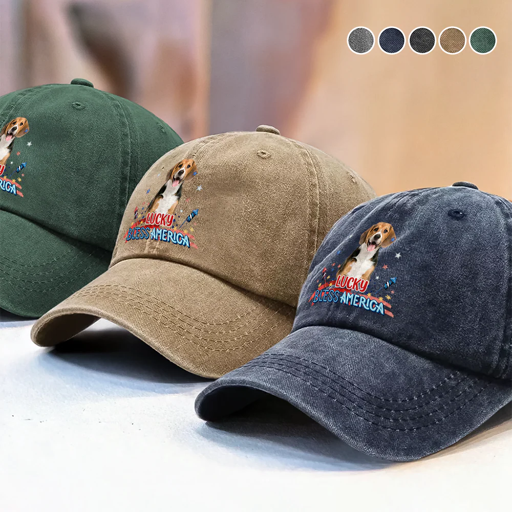 Custom Photo Dog Bless America Washed Denim Baseball Cap HO82 902846 - Image 5