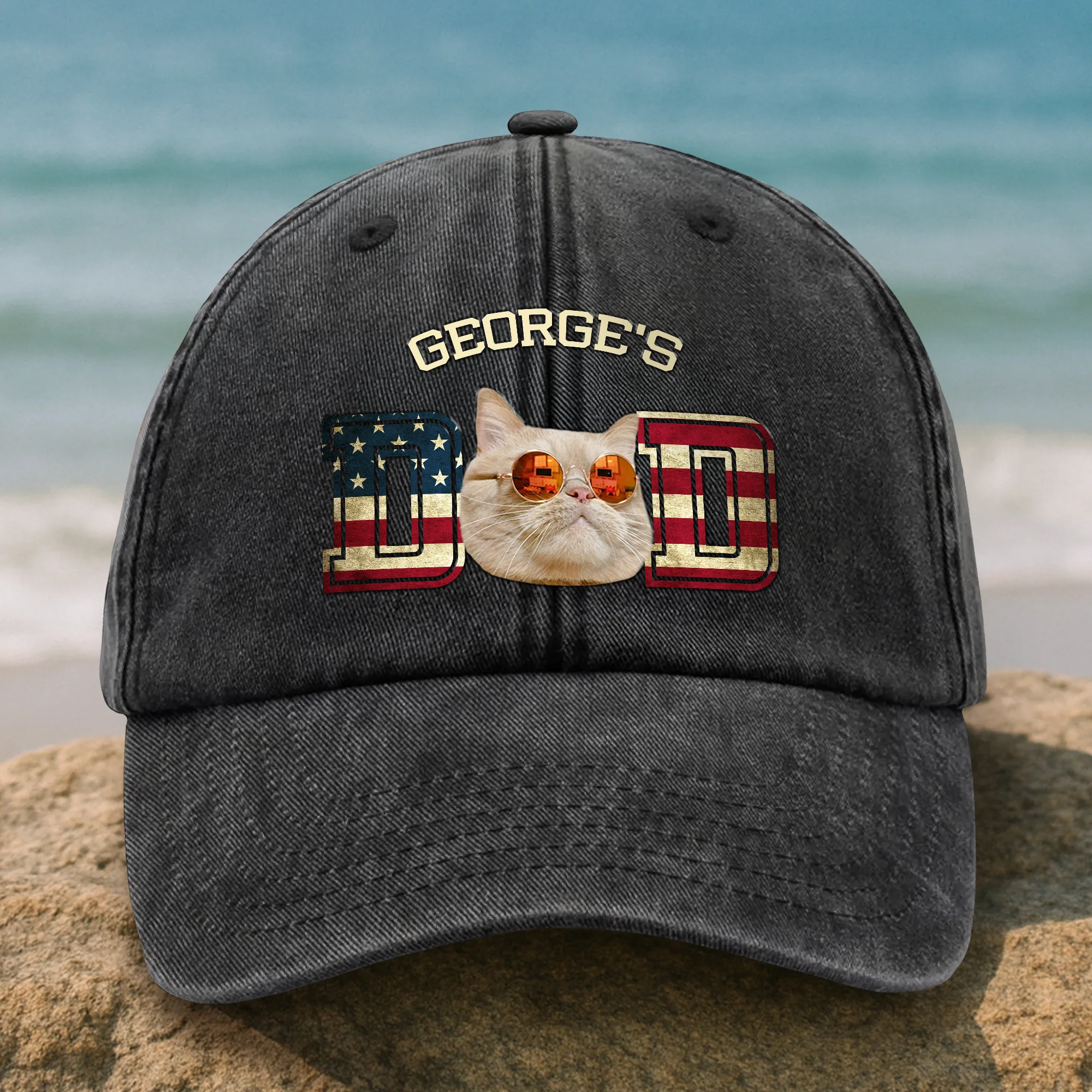 Custom Photo Dog Cat Dad Washed Denim Baseball Cap Ver US Flag Vintage HA75 892530 - Image 2