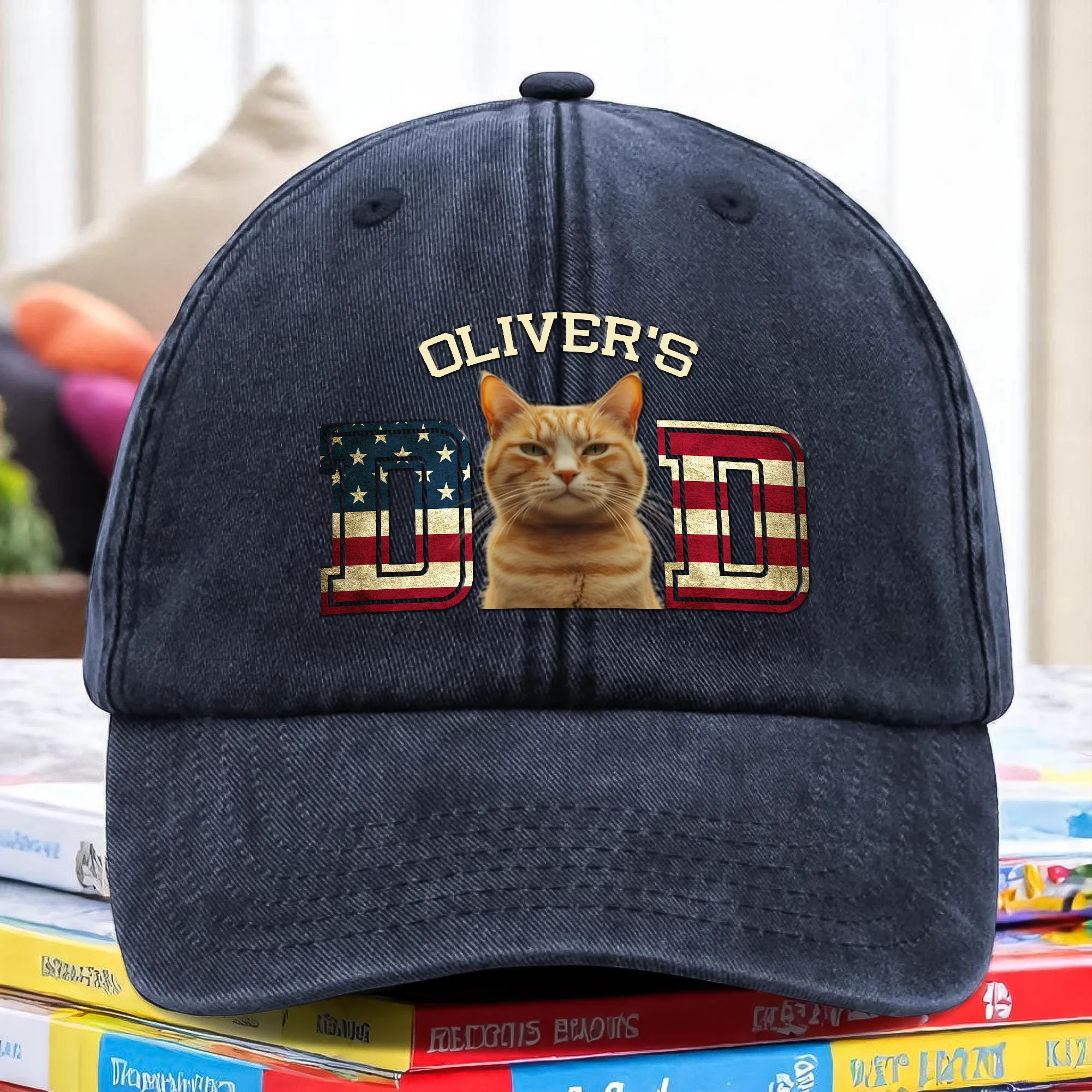 Custom Photo Dog Cat Dad Washed Denim Baseball Cap Ver US Flag Vintage HA75 892530 - Image 3