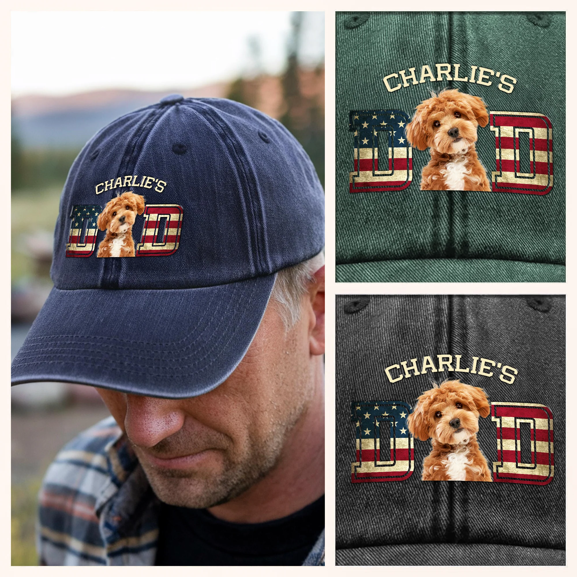 Custom Photo Dog Cat Dad Washed Denim Baseball Cap Ver US Flag Vintage HA75 892530 - Image 4