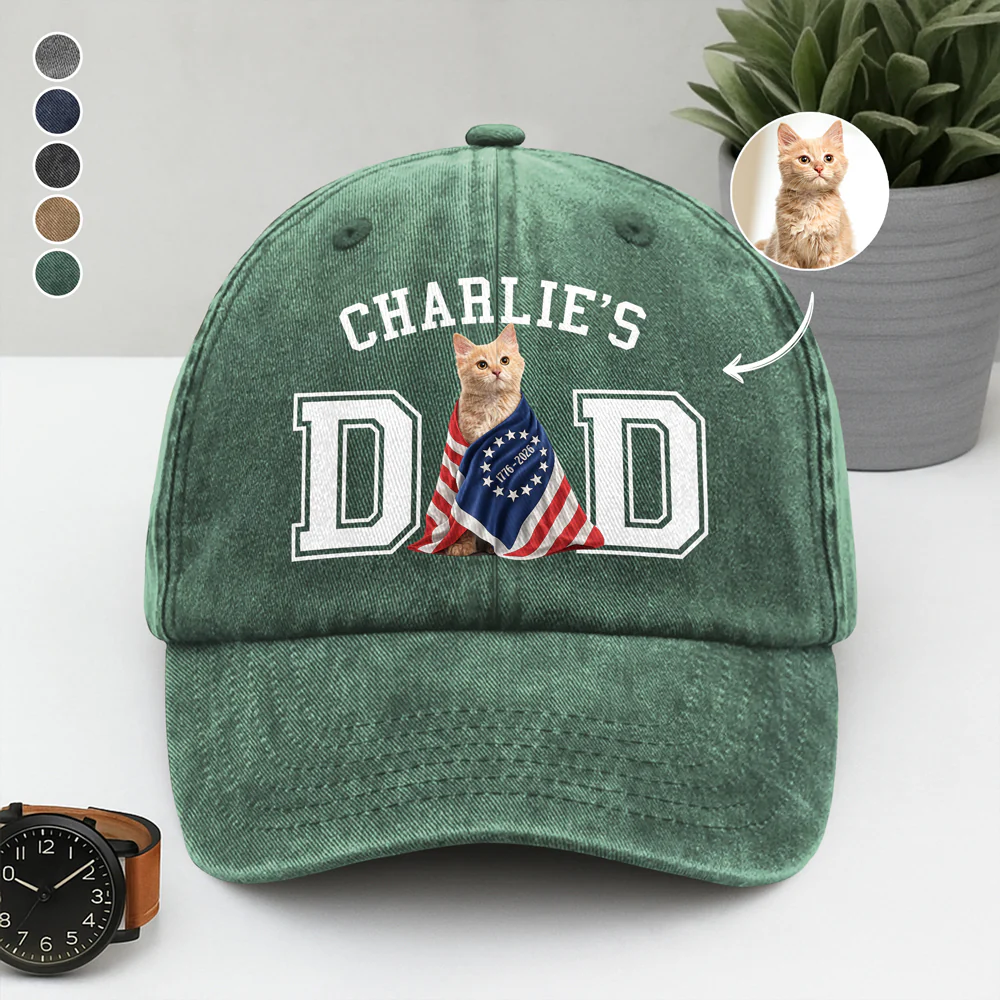 Custom Photo Dog Cat Dad With US 250 Washed Denim Baseball Cap HO82 901268 - Image 5