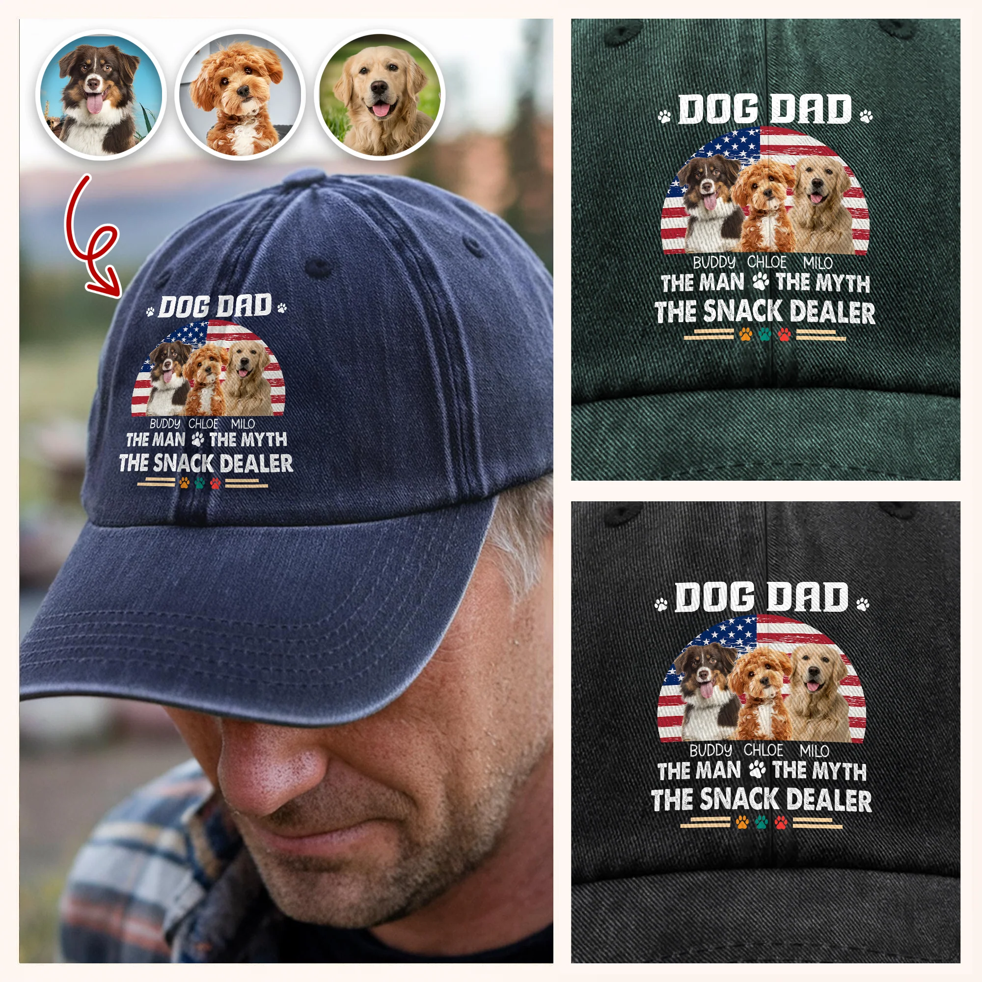 Custom Photo Dog Dad The Man The Myth The Snack Dealer - Personalized Washed Denim Baseball Cap CH07 896470 - Image 3